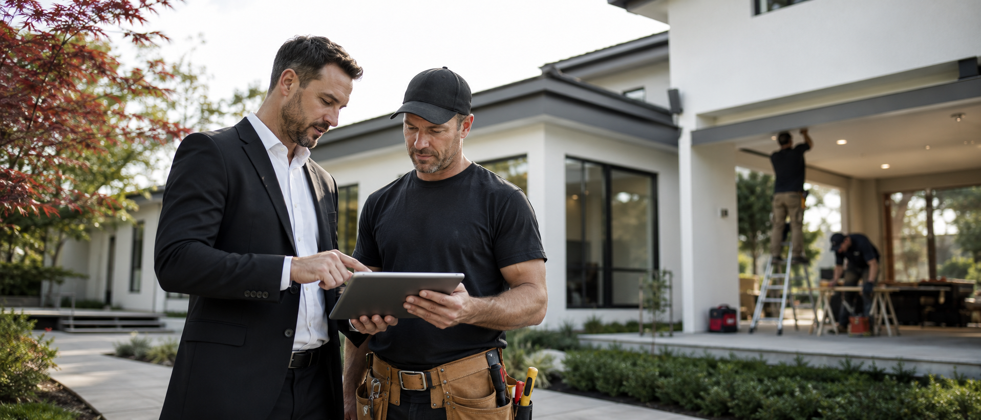 Property professional and contractor reviewing property documentation on a tablet