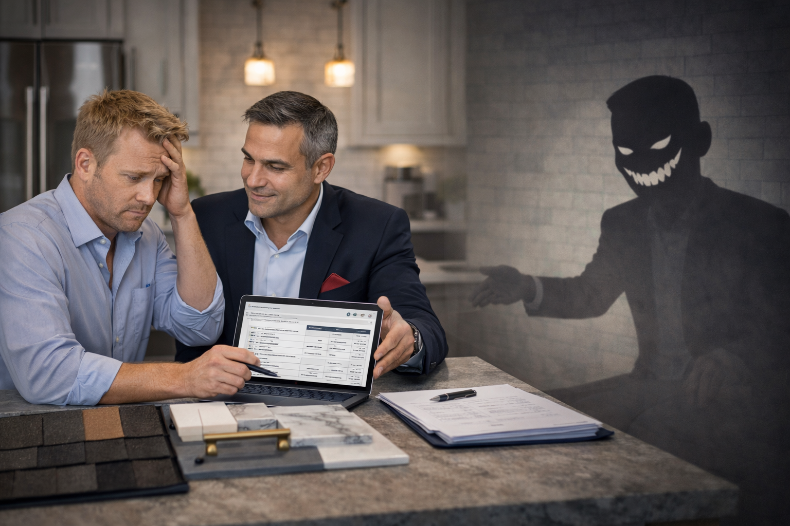Two men in business attire sitting at a kitchen counter, looking worried while examining documents on a laptop, with a shadowy figure with a sinister smile silhouette in the background.