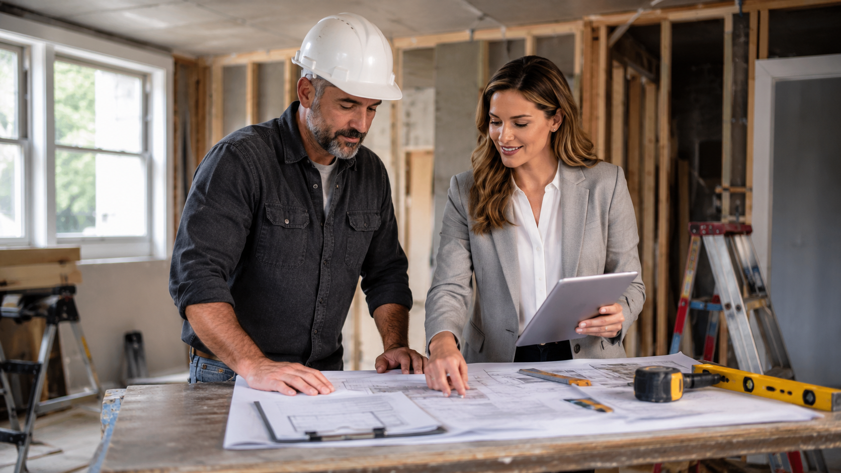 Contractor and project professional reviewing plans during an active renovation
