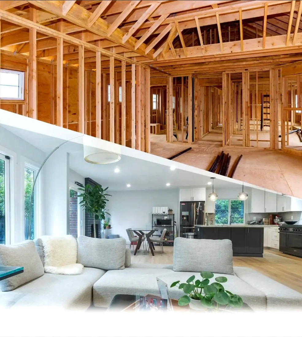 Split image showing a home under construction with exposed wood framing above and a completed modern living room and kitchen below. The completed space features a gray sofa, dining area, and kitchen with stainless steel appliances.