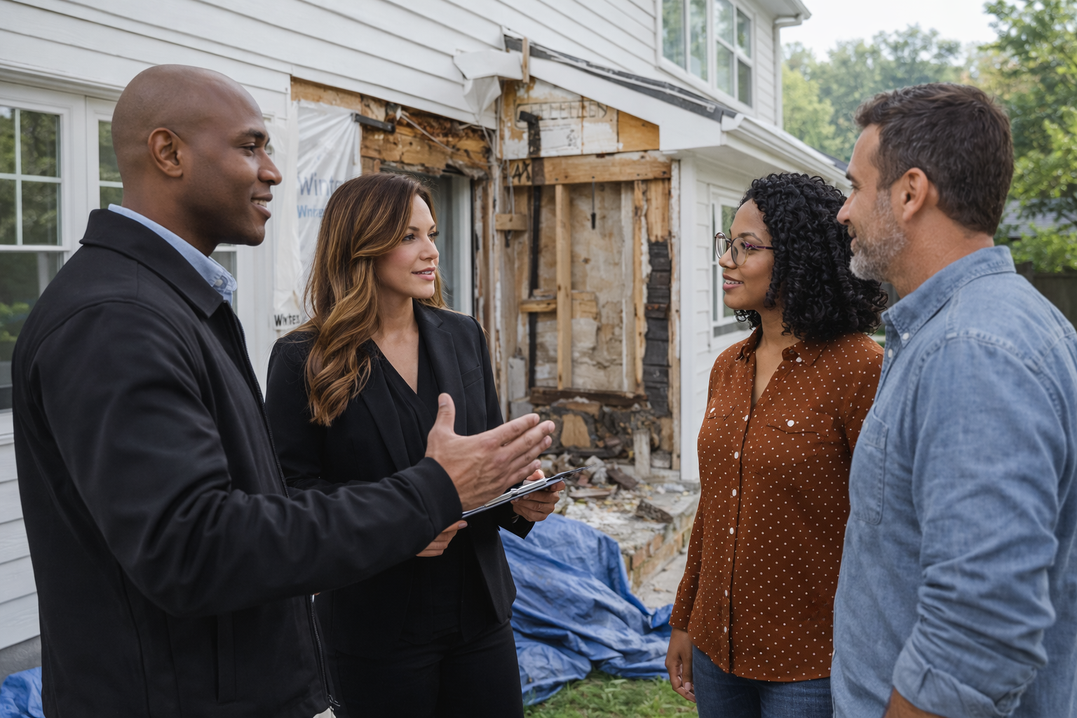 Four people having a discussion outside a partially renovated house with exposed walls and building materials.