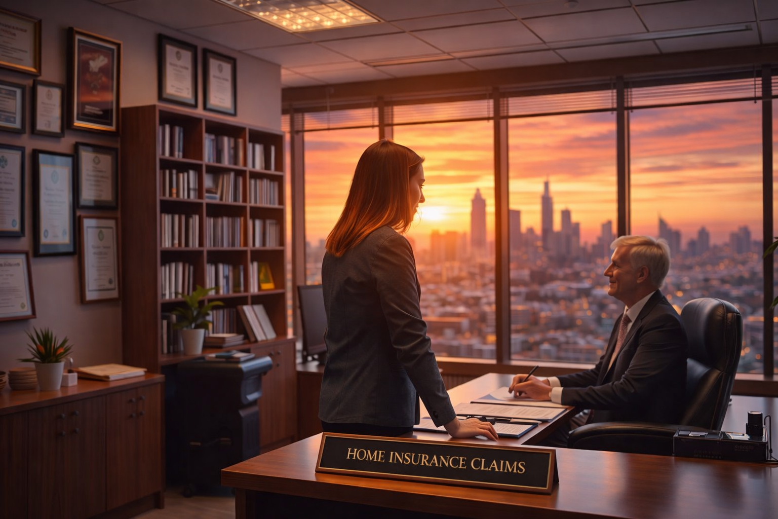 A woman standing in front of an older man in a business office during sunset, discussing home insurance claims, with city skyline visible through large window.