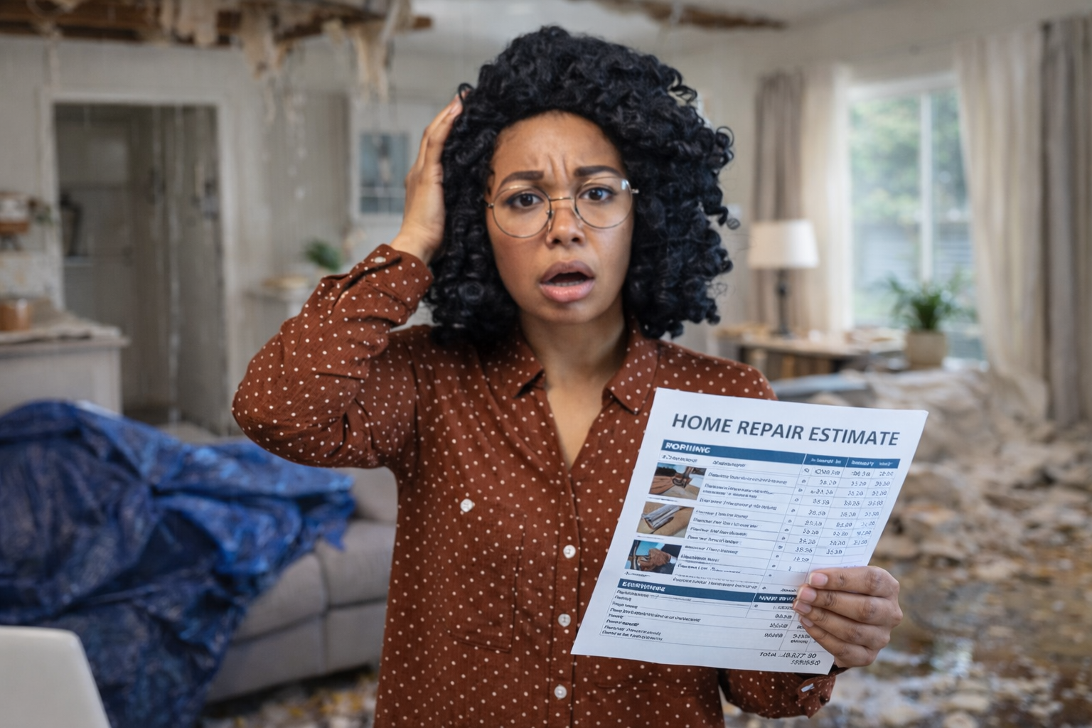A woman with curly hair and glasses looking confused or upset while holding a home repair estimate, with a messy, damaged room in the background.
