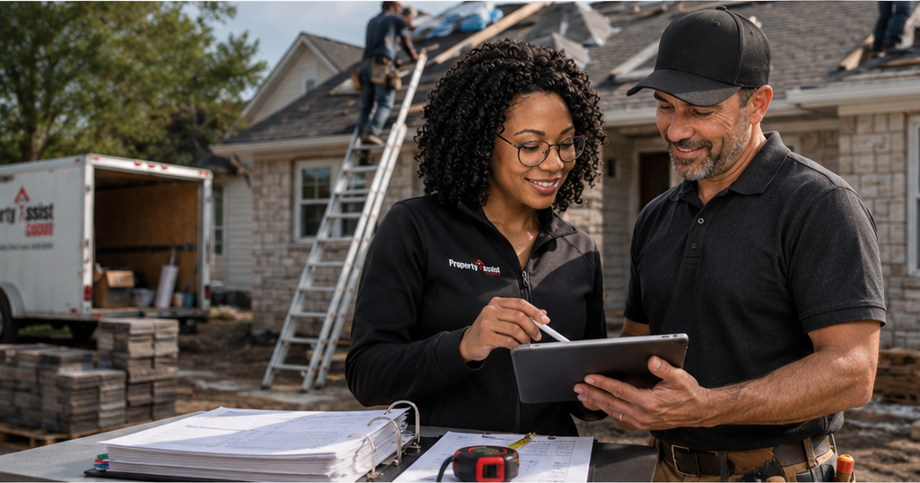 PropertyAssist Group field team reviewing property inspection findings outside a home