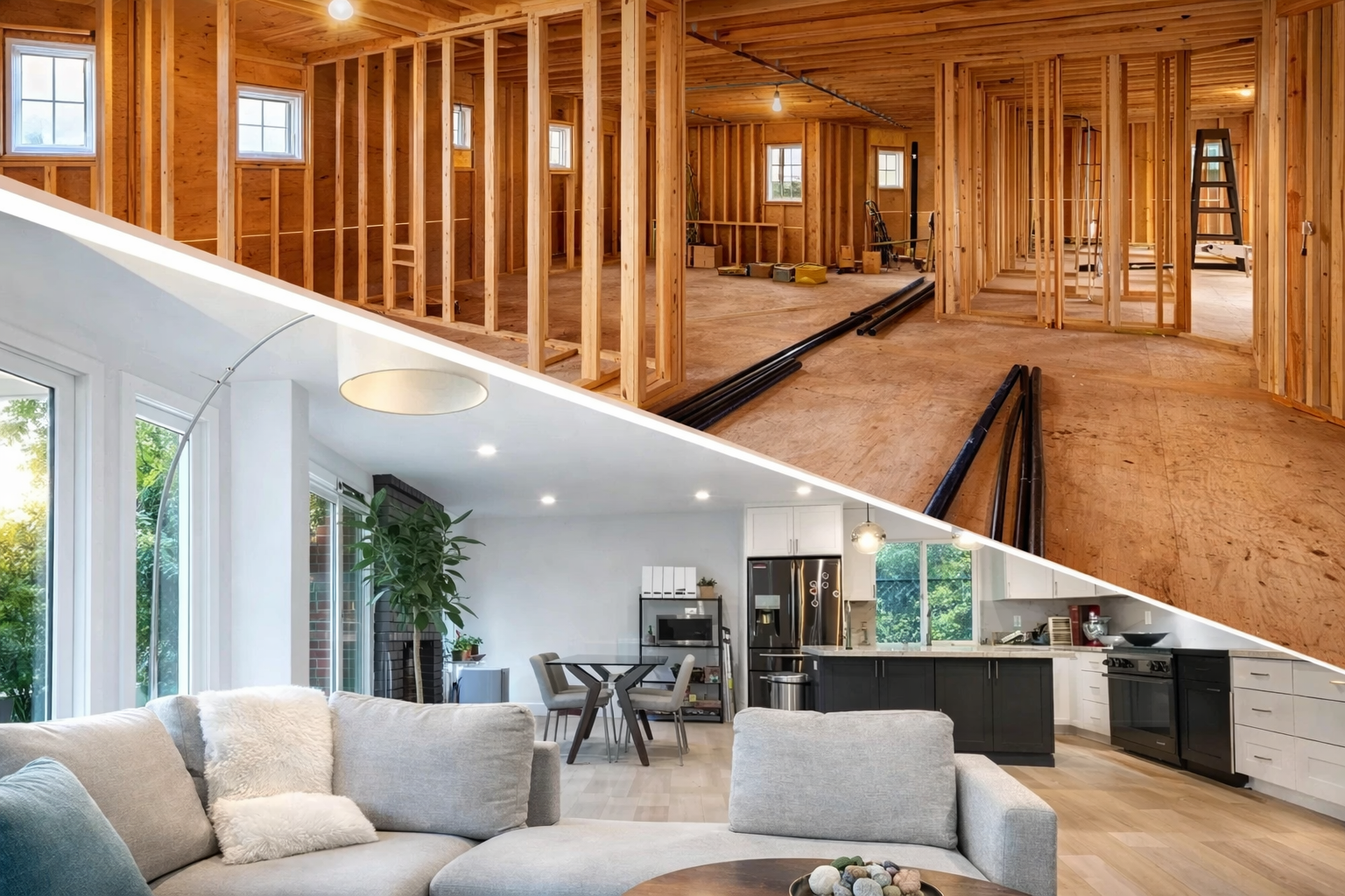 Split image showing a house under construction with wooden framing in the top half and a finished modern living room and kitchen in the bottom half.