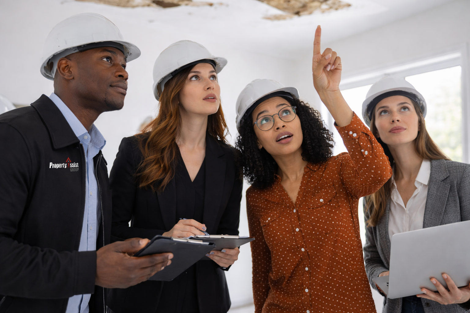 Group of four diverse professionals wearing hard hats, discussing plans inside a building, with one woman pointing upward.
