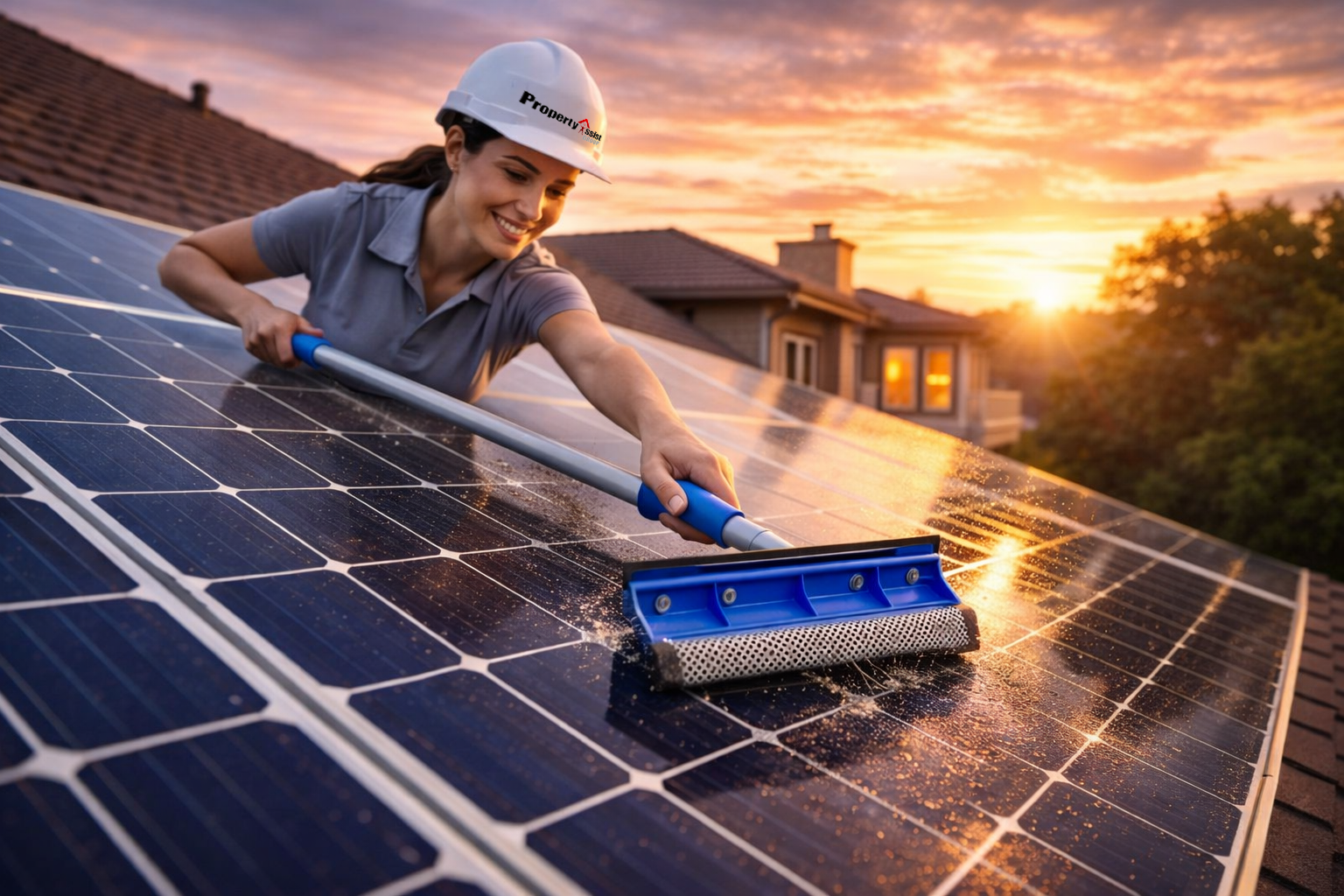 A woman in a gray shirt and white hard hat cleaning solar panels on a roof during sunset.