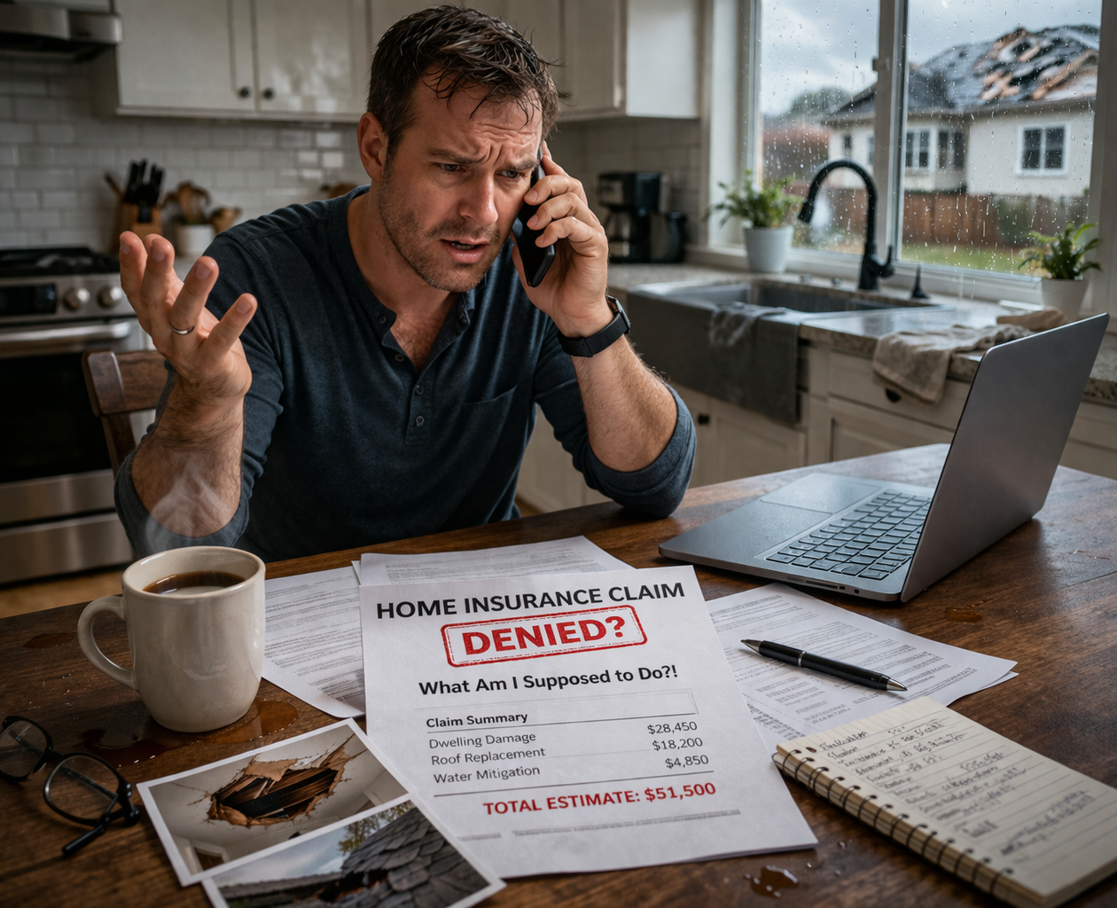 Man sitting at kitchen table looking frustrated, talking on the phone, with a home insurance claim form marked 'DENIED', coffee mug, photographs, and notepad on the table.