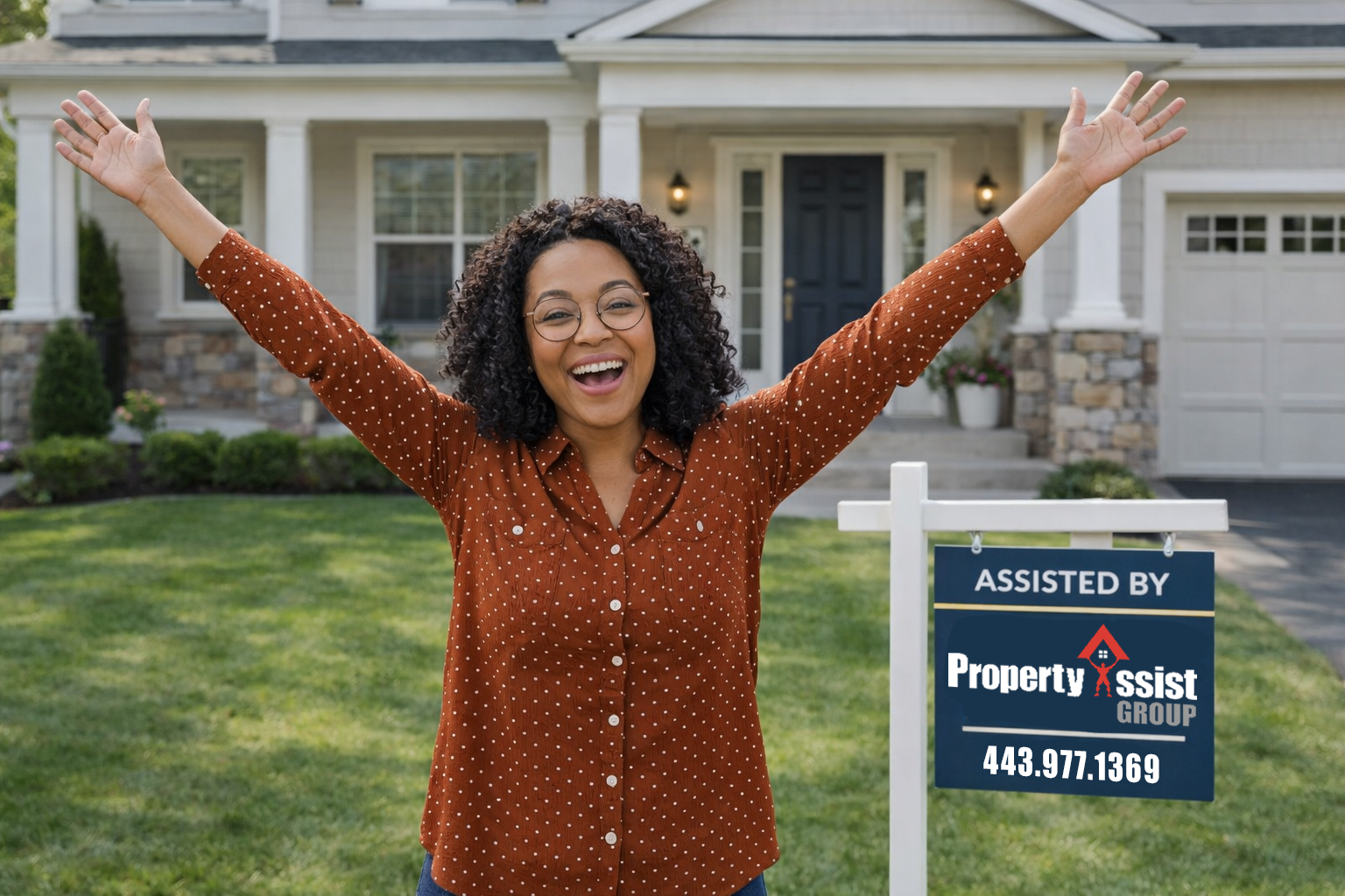 A woman with curly hair, glasses, and a brown polka dot shirt standing in front of a house with her arms raised and smiling. There is a sign indicating the property is for sale or rent.