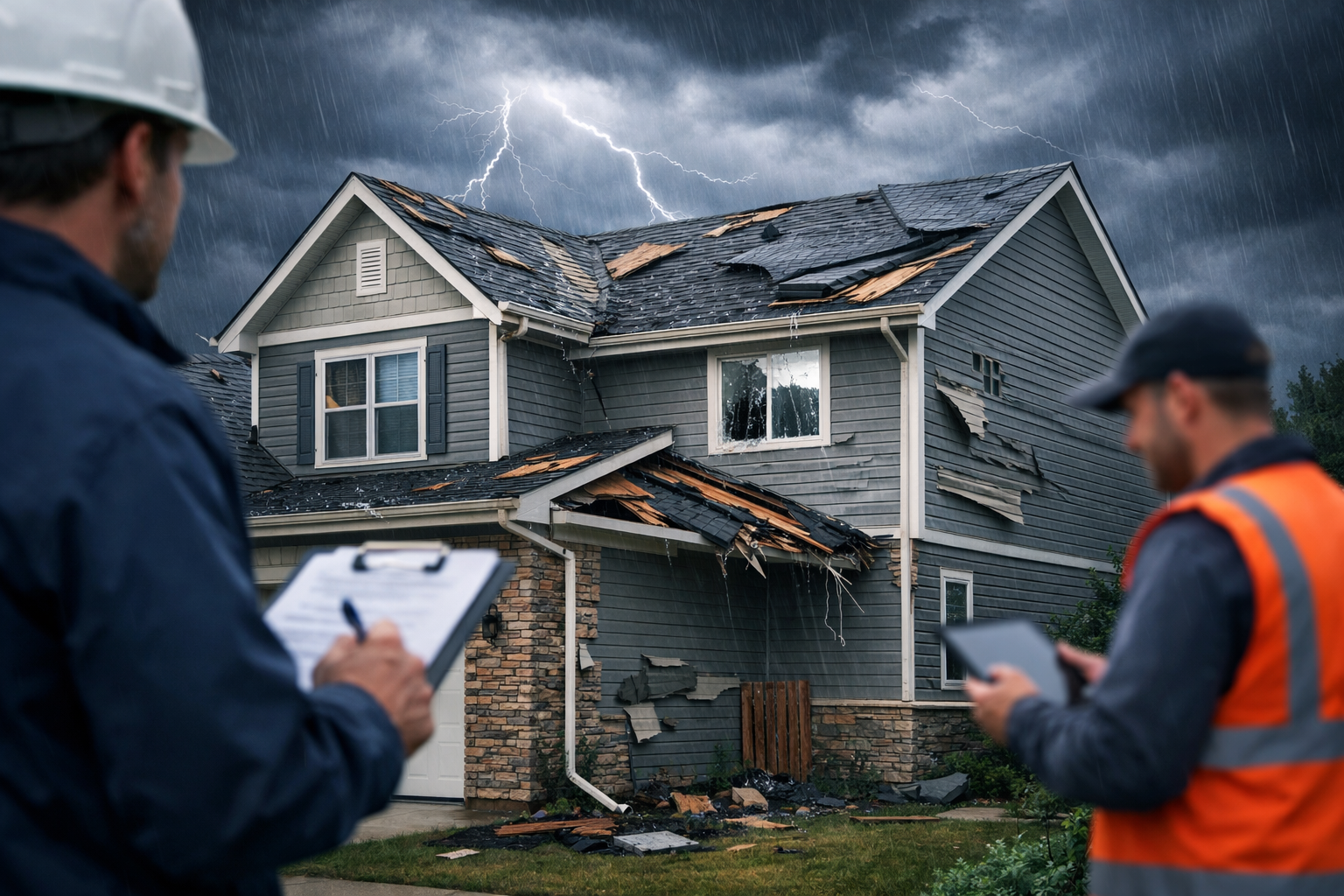 Damaged house with broken windows and collapsed roof debris.
