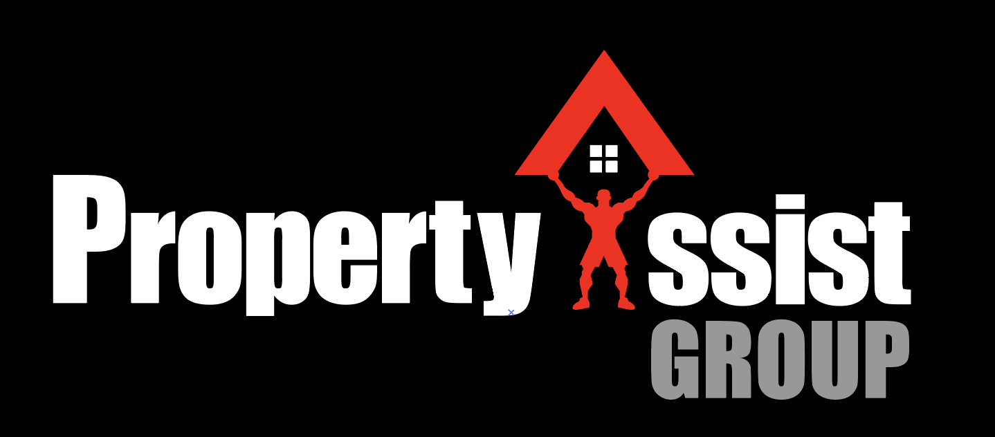 Logo for Property Assist Group, featuring a red silhouette holding a house-shaped roof over the text.