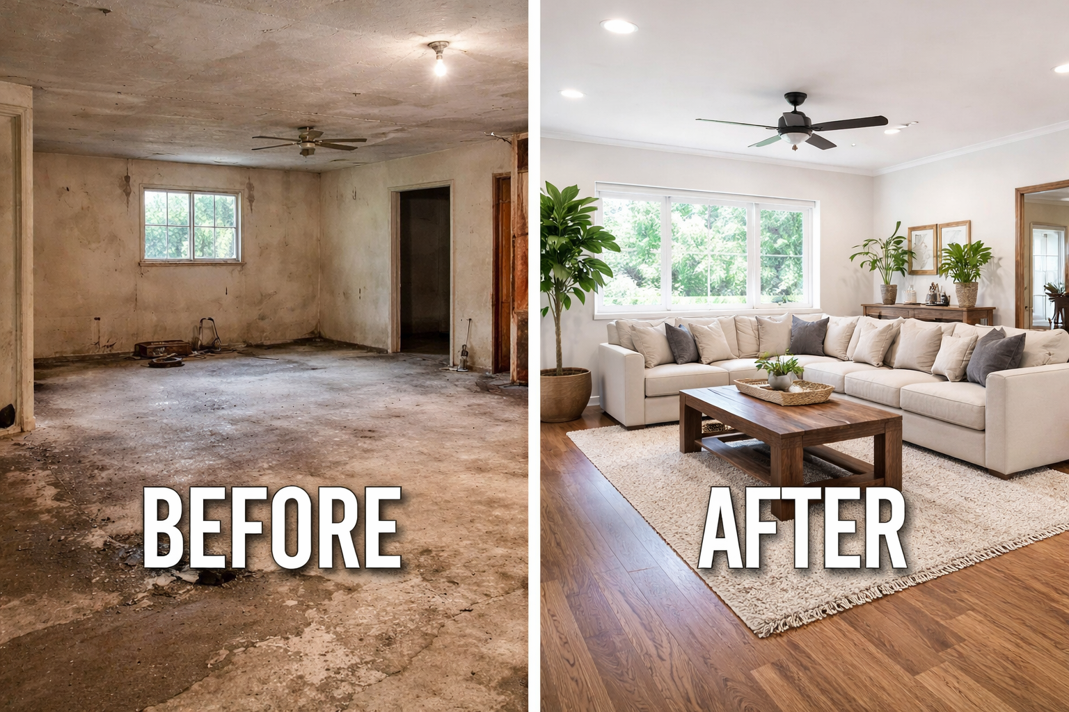 A side-by-side comparison of a living room before and after renovation. The before side shows an empty, unfinished room with dirt and damage on the floor and walls. The after side shows a bright, clean, furnished living room with a large sectional sofa, a wooden coffee table, potted plants, large windows, and wooden flooring.