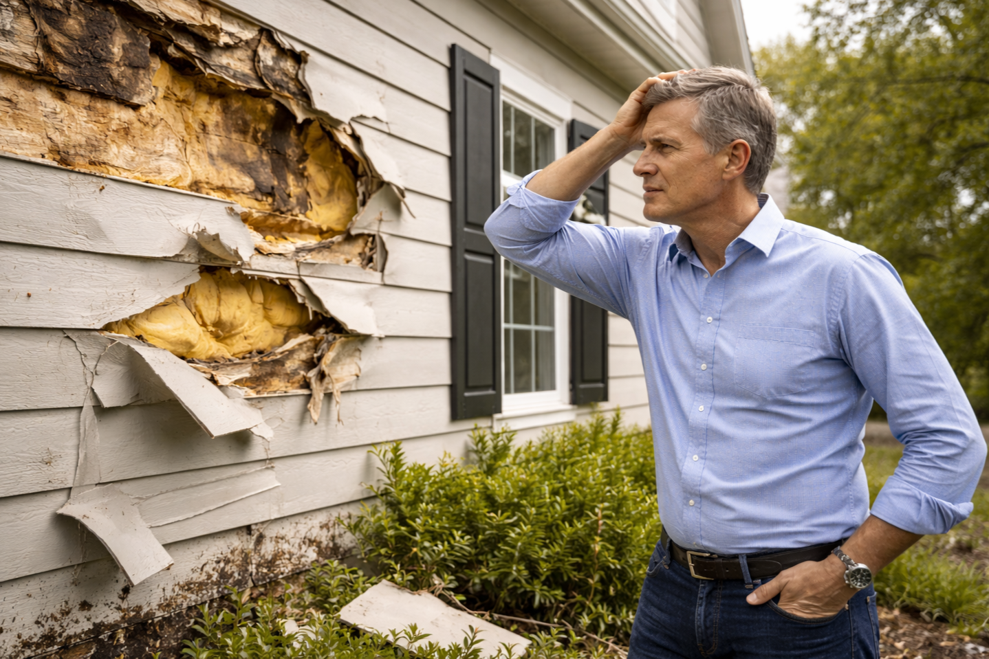 Property owner reviewing exterior property damage for claim documentation