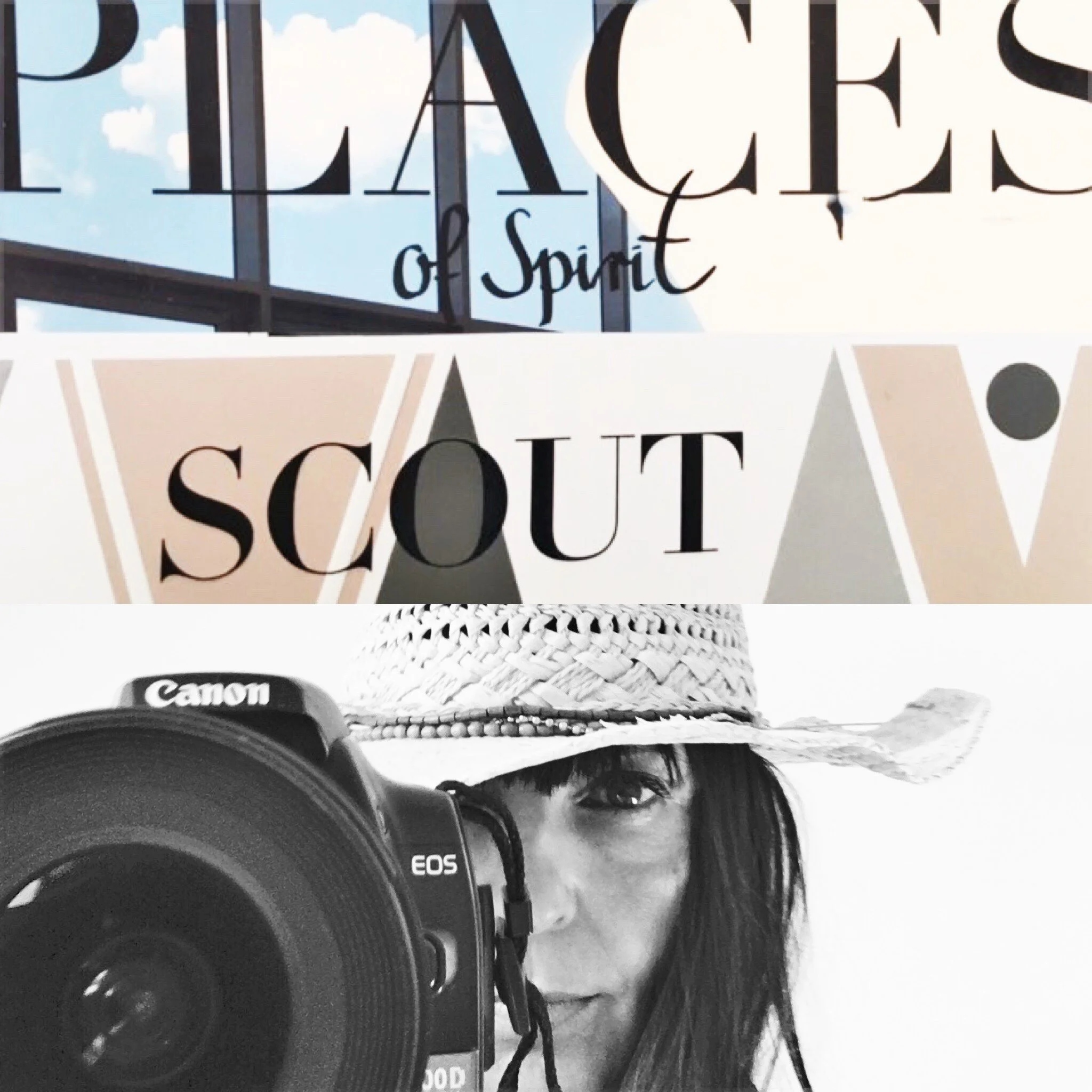 Das Bild besteht aus drei horizontalen Abschnitten. Der obere Abschnitt zeigt das Wort 'PEACE' in großen Buchstaben auf einer Glasfassade, im Hintergrund sind Wolken und ein blauer Himmel sichtbar. Der mittlere Abschnitt zeigt das Wort 'SCOUT' in großen schwarzen Buchstaben auf einem weißen Hintergrund, mit grafischen Elementen in neutralen Farben. Der untere Abschnitt ist ein schwarz-weiß-Foto einer Frau, die eine Sonnenbrille trägt und einen Strohhut aufhat, während sie eine Kamera (Canon EOS) aufnehmen, wobei sie nur teilweise im Bild sichtbar ist.