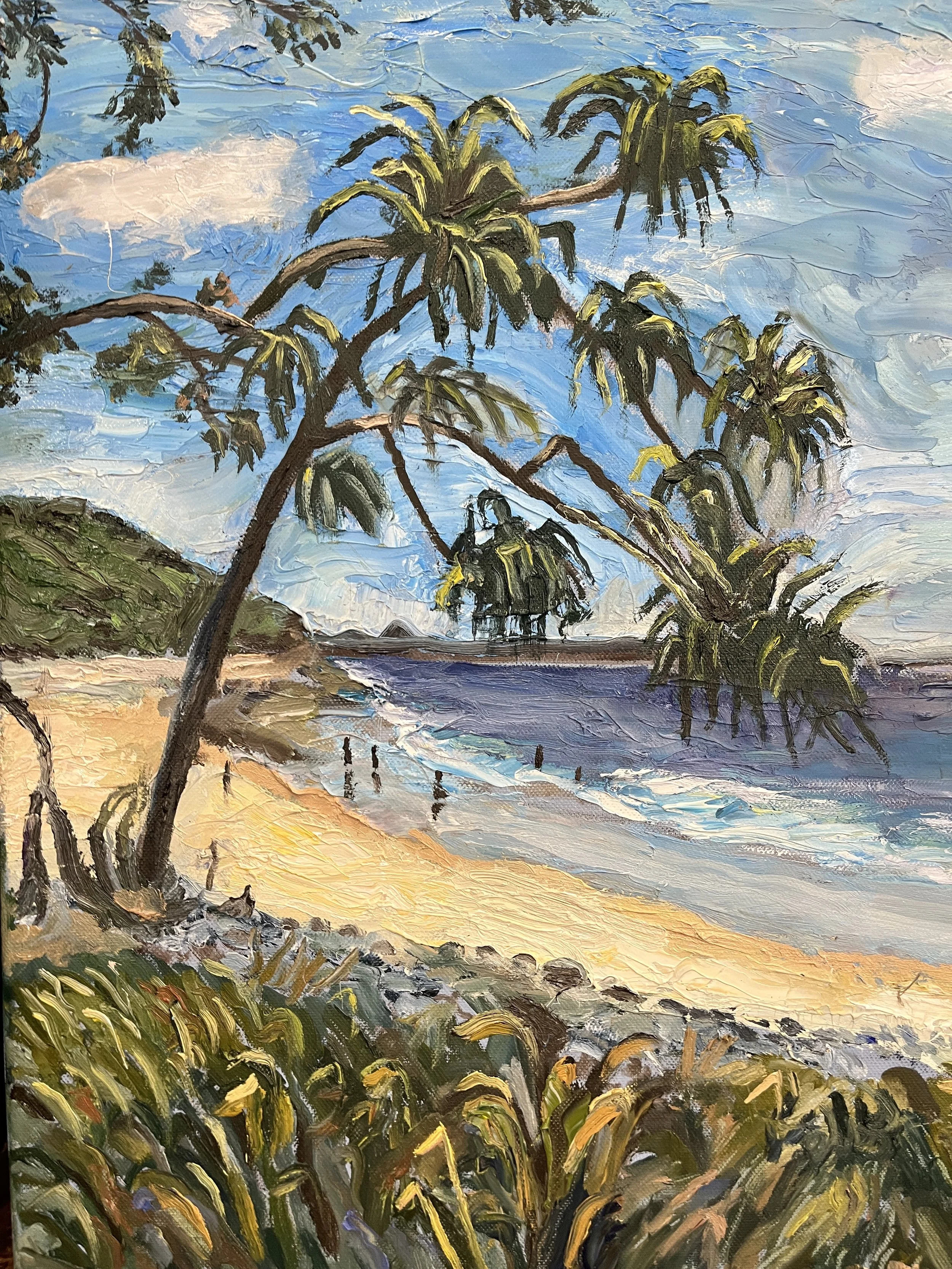 Student painting of a landscape beach scene with pandanas tree