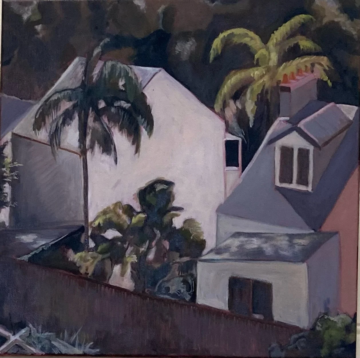 student painting of houses and palm trees