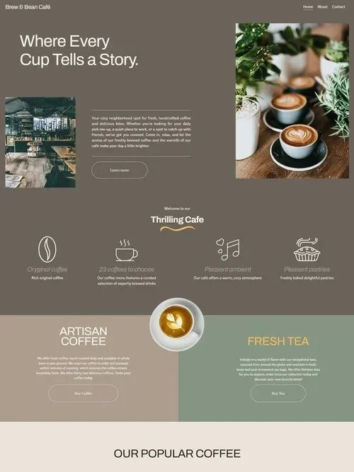 Cafe website layout featuring two images: one of a cozy cafe interior with wooden furniture and shelves, another with cups of coffee and plants. Text includes the cafe's name and a welcoming message.