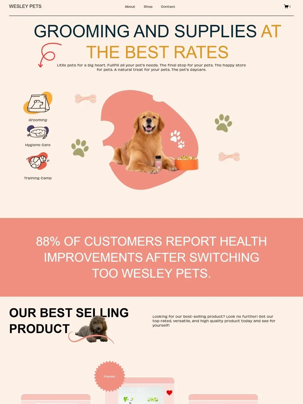 Pet grooming and supply service website banner with a golden retriever, pet food, grooming tools, and paw print graphics. Services include grooming, hygiene care, and training camp.