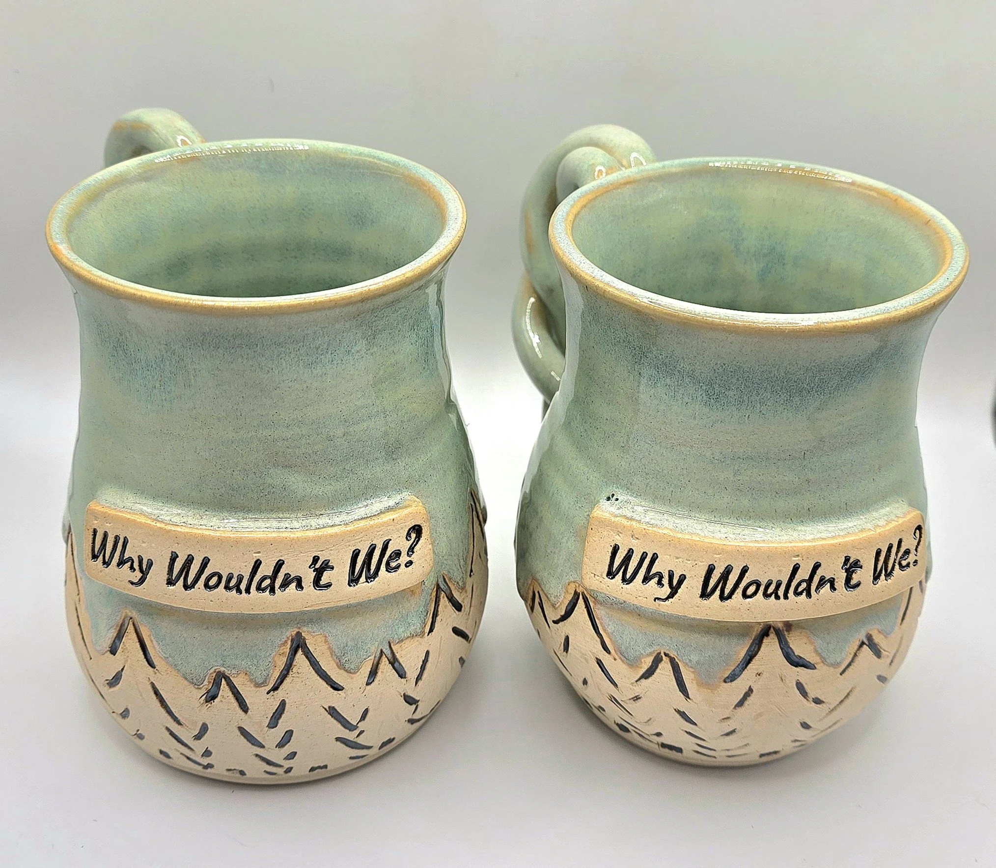Two ceramic mugs with mountain designs and the phrase "Why Wouldn't We?" written on each.
