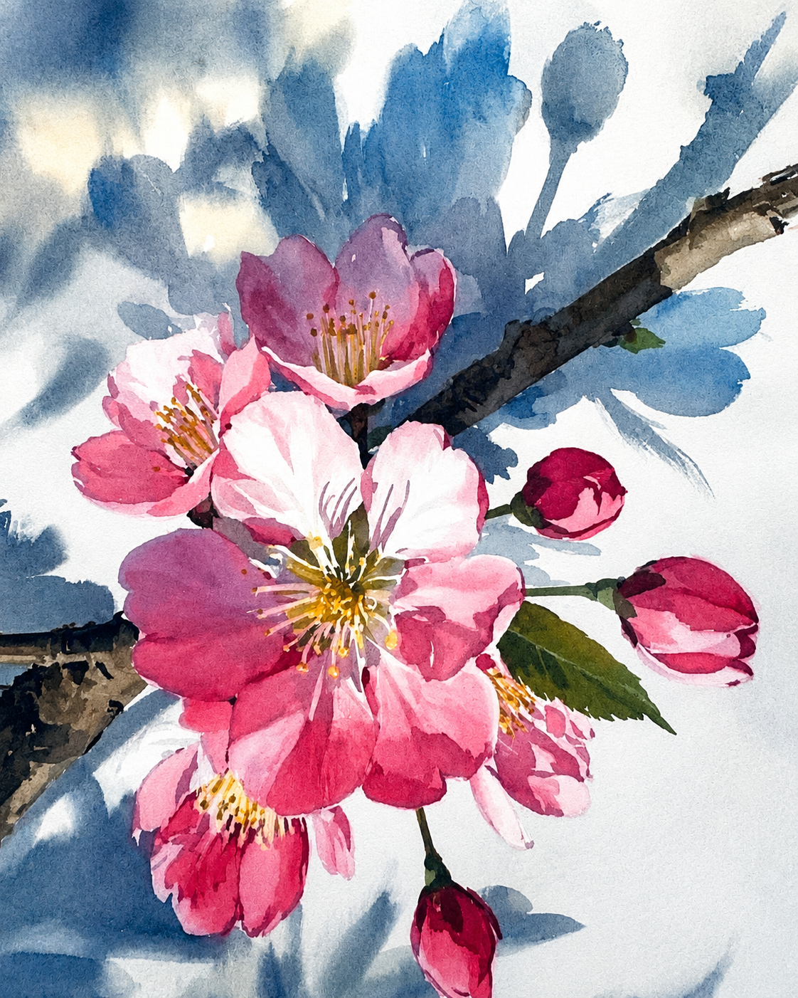 Watercolor painting of pink cherry blossoms on a branch with blue leaves in the background.