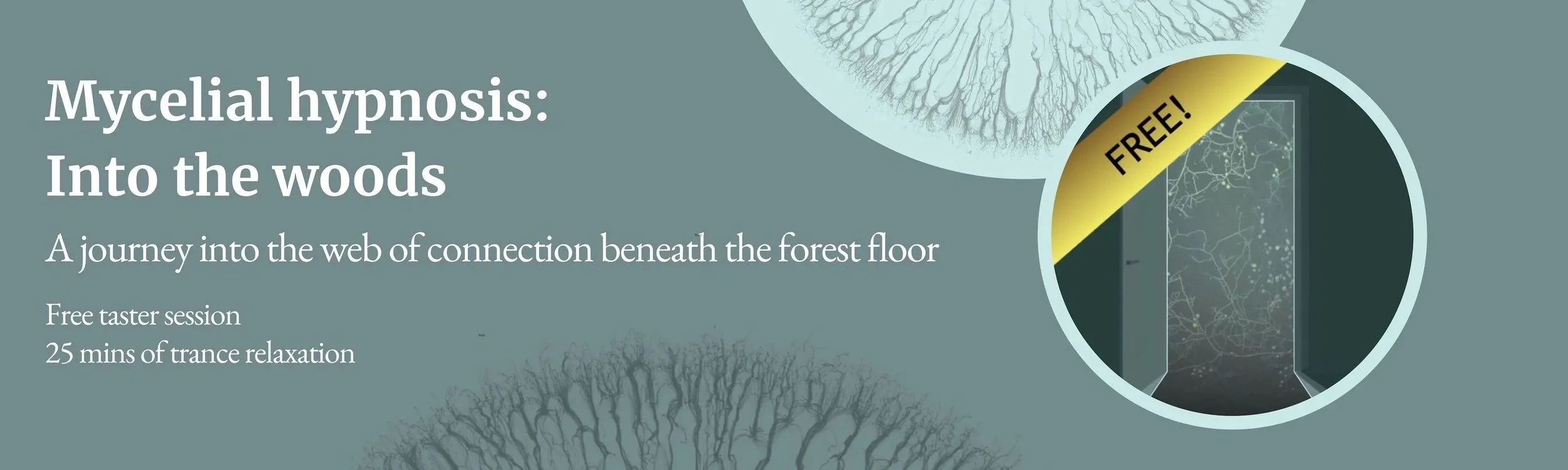Advertisement for a free mycelial hypnosis session titled 'Into the woods,' featuring an illustration of a mushroom cross-section and a digital forest network with a gold banner that says 'FREE!'