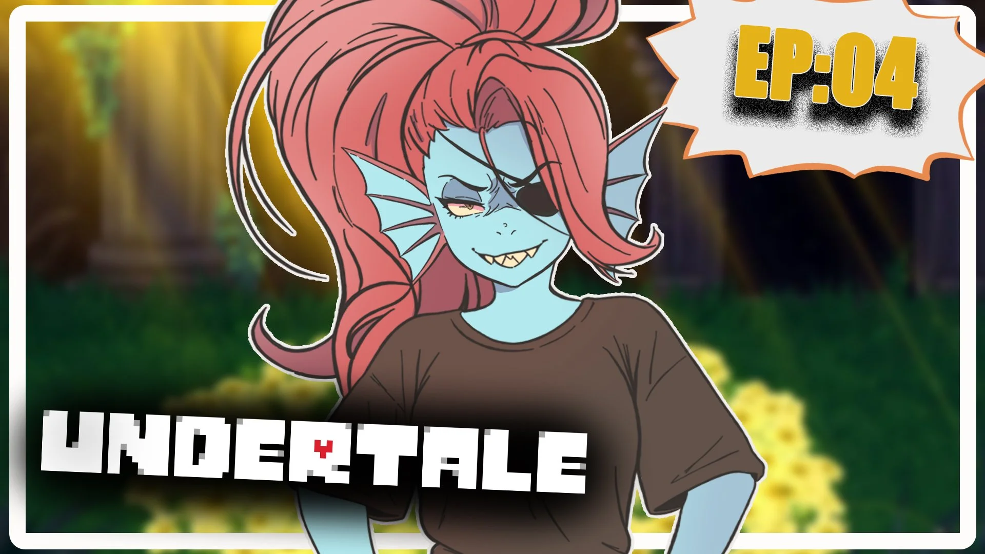 A comic-style illustration of a female character with blue skin, long red hair, fish-like fins on her face, wearing an eye patch and a brown t-shirt, with a blurred forest background. Text bubble displaying "EP:04" and part of a title for a series or episode.