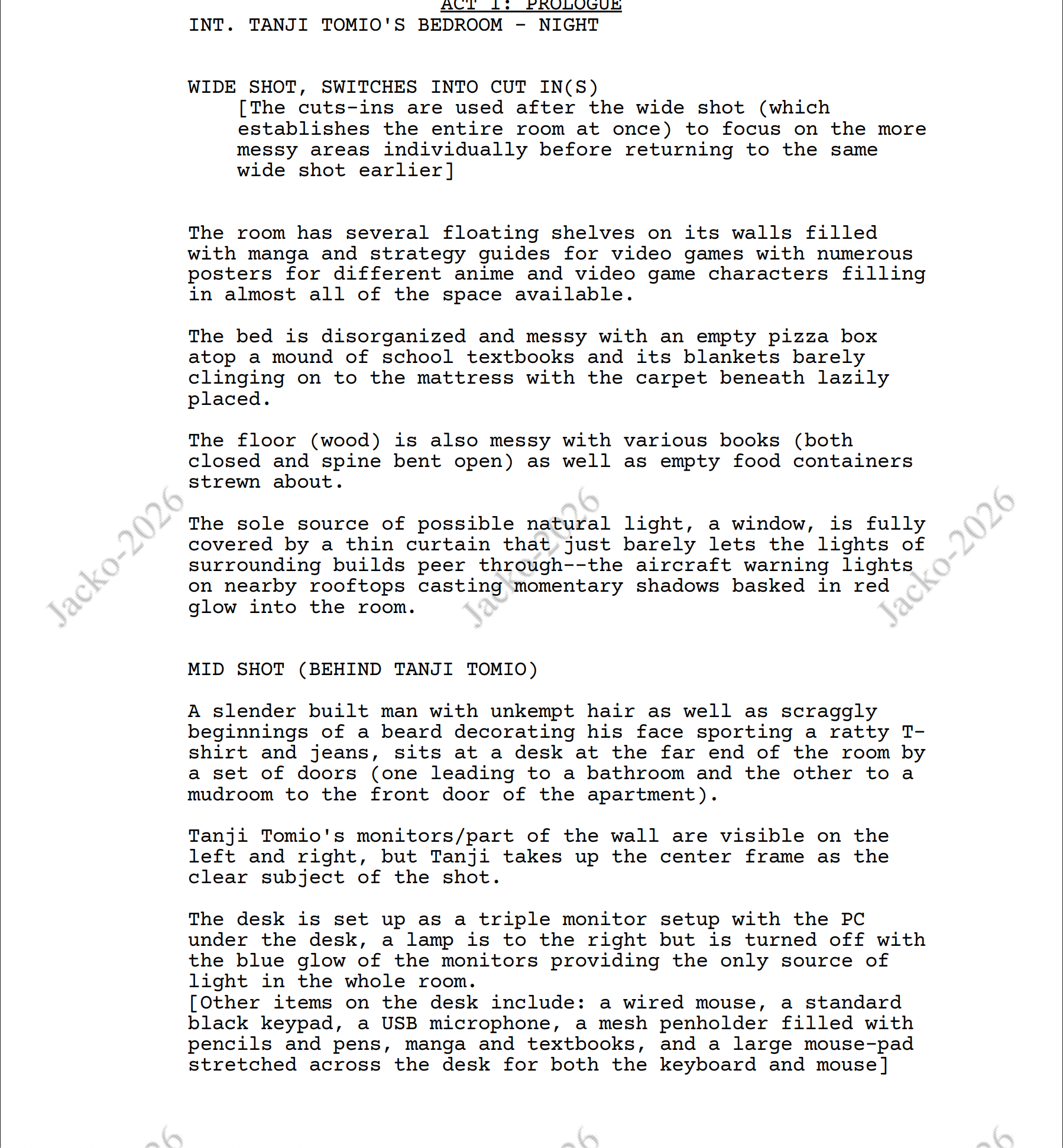 Screenshot of a screenplay or script page describing a nighttime bedroom scene for a film or play, with scene details, camera shots, and character actions.