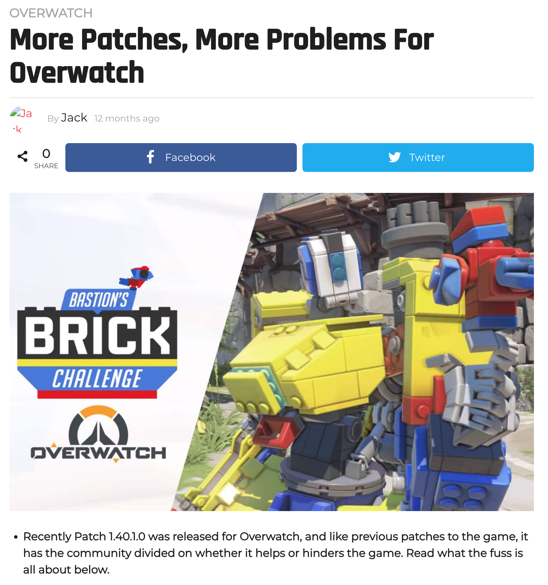 Overwatch news article with a partially visible LEGO truck from the 'Brick Challenge' event, featuring colorful LEGO bricks and game-related graphics.