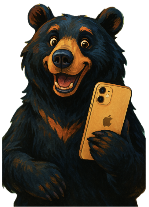 Smiling Bear holding iPhone