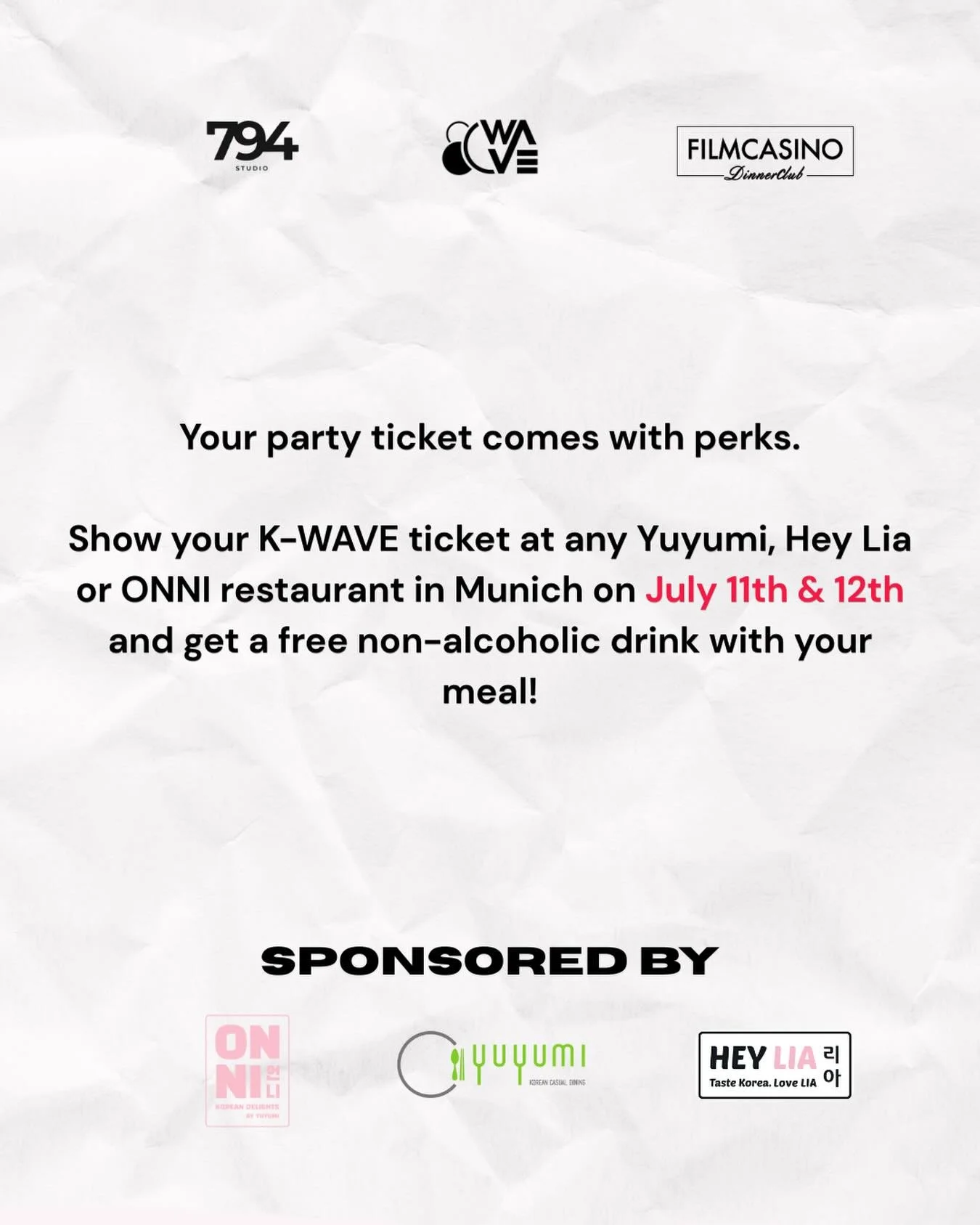 K-WAVE ticket perks 💜

Get a free non-alcoholic drink at Yuyumi, Hey Lia &amp; ONNI in Munich on July 11th &amp; 12th!

#kpopparty&nbsp;#bts #afterparty&nbsp;#80wave&nbsp;#kwave
