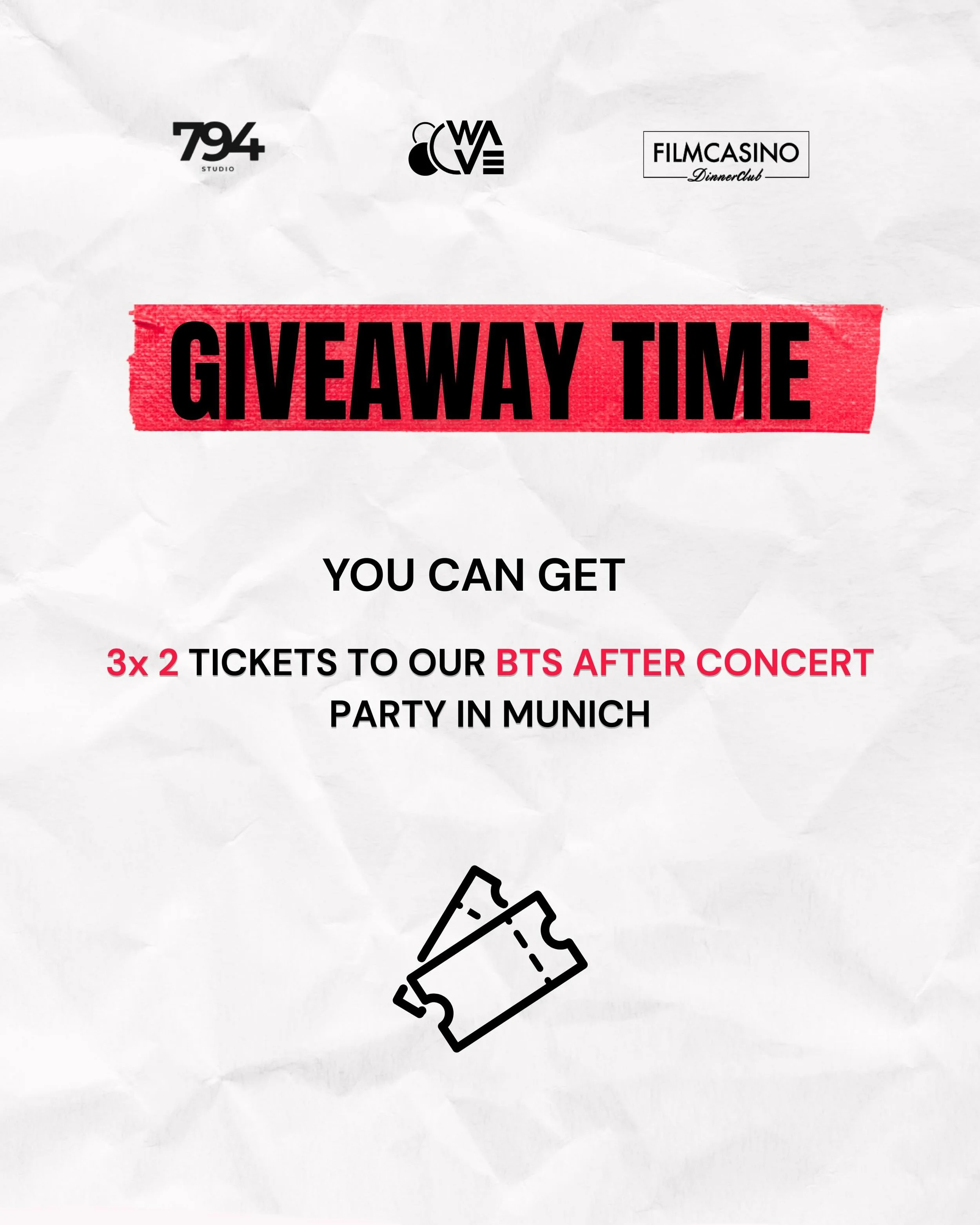 IT&rsquo;S GIVEAWAY TIME 🥳

We&rsquo;re giving away 3x 2 tickets to our BTS After Concert Party in Munich! 💜

How to enter:
🪩 Follow @80.w.a.v.e
🪩 Share this post in Your Story
🪩 Comment your favorite BTS song or tell us which song you absolutel