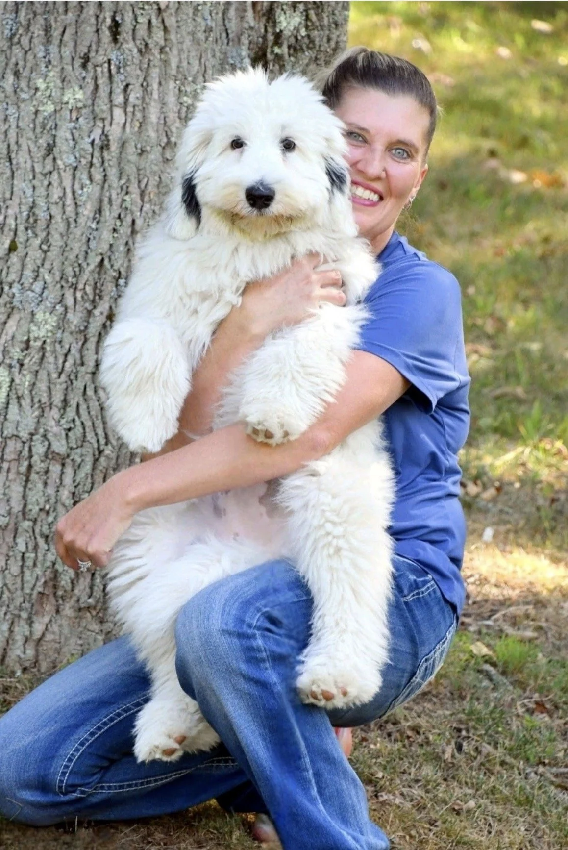 A woman holding a  Sheepadoodle puppy outdoors a Soapstone Farms in North Carolina.
