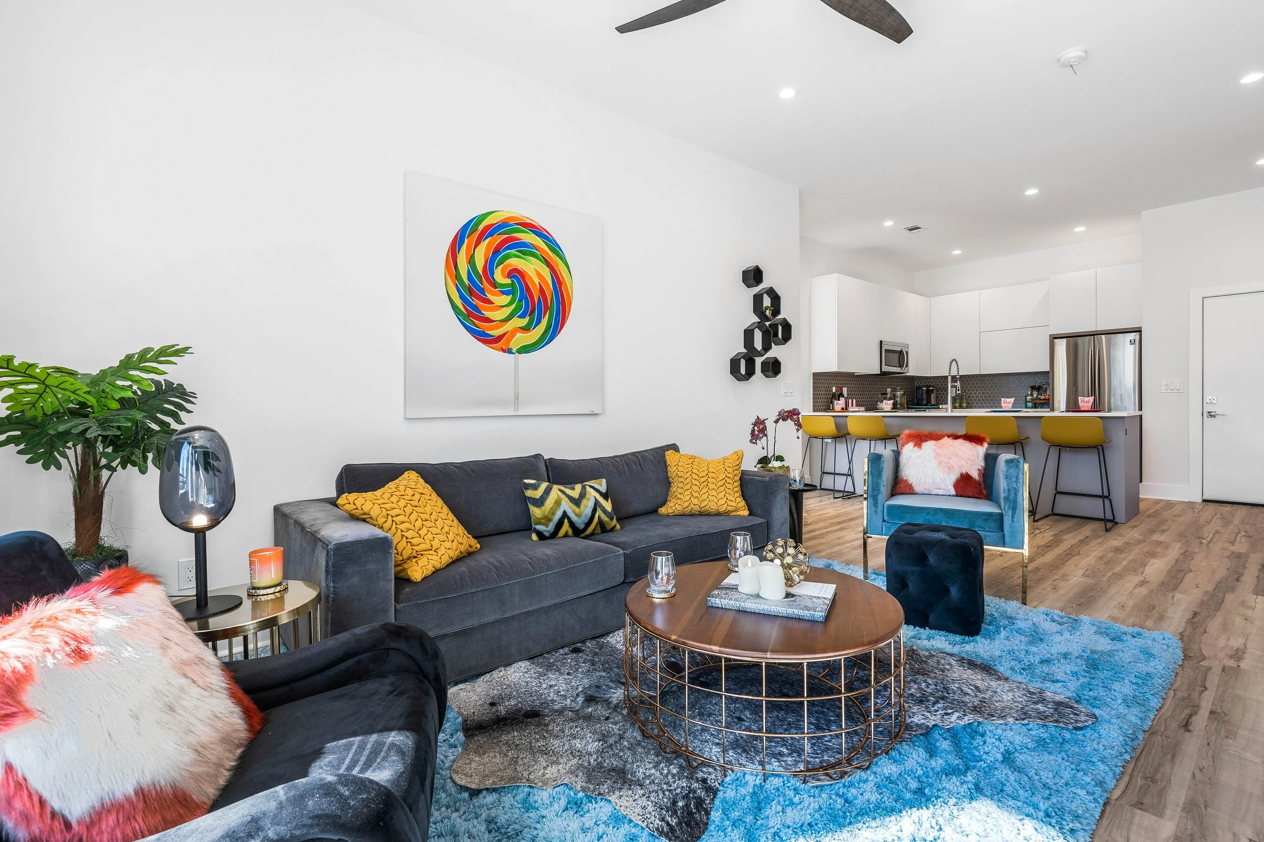 modern open-concept living room with designer décor Atlanta rental