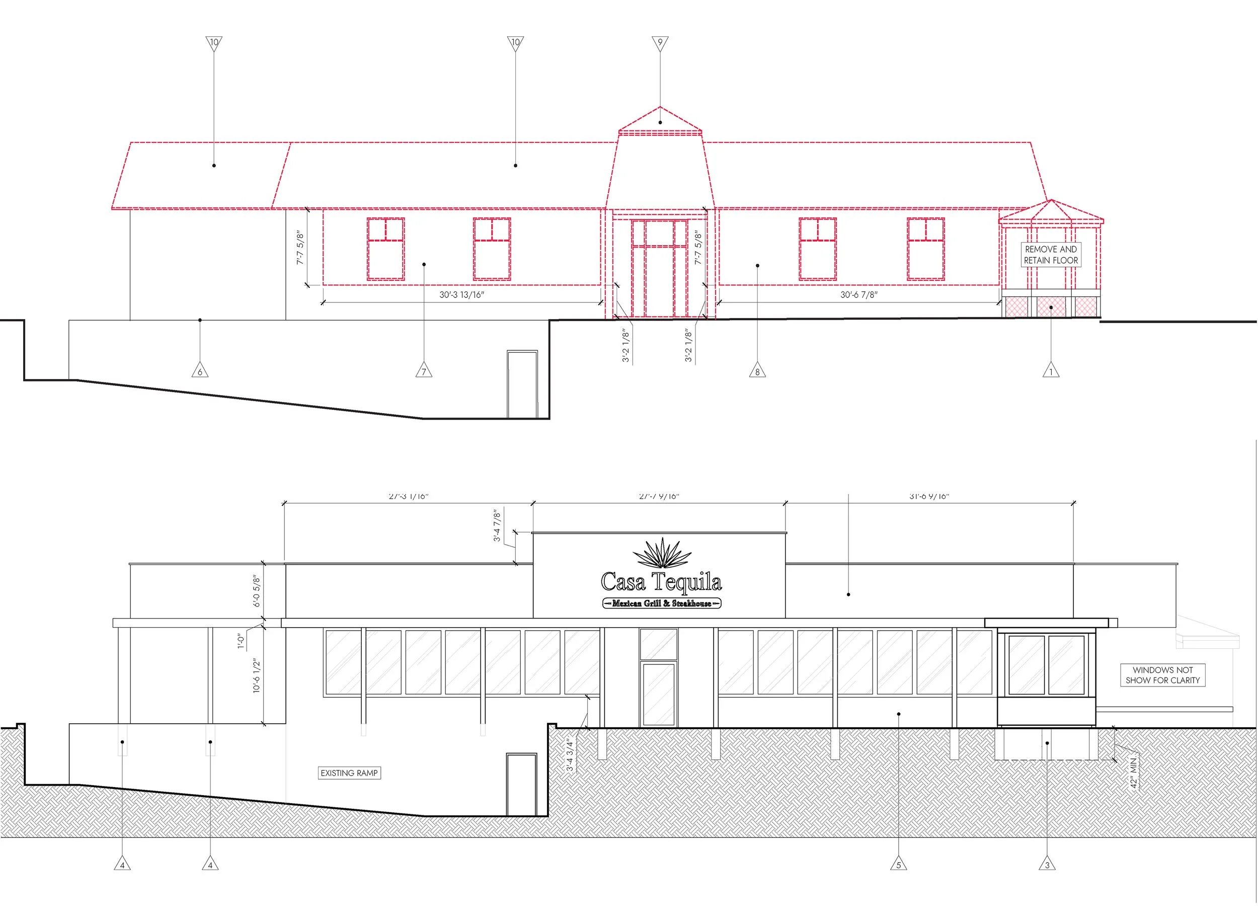 Architectural plans of a building with the sign 'Casa Tequila Mexican Grill & Steakhouse,' showing front elevation and interior layout details.