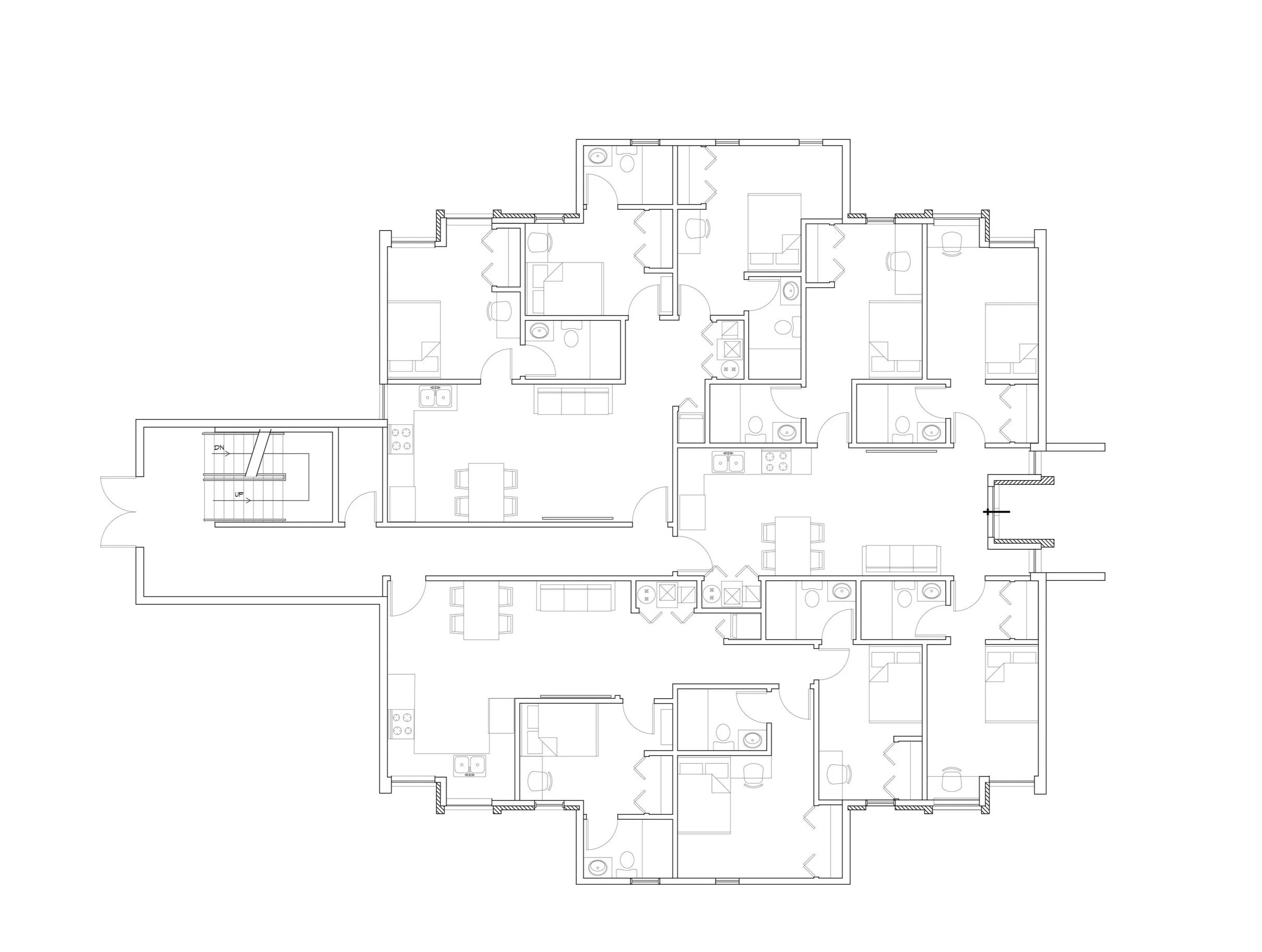 Floor plan layout of an apartment complex of a modern apartment building for student housing in East Lansing, Michigan. Multi-family.