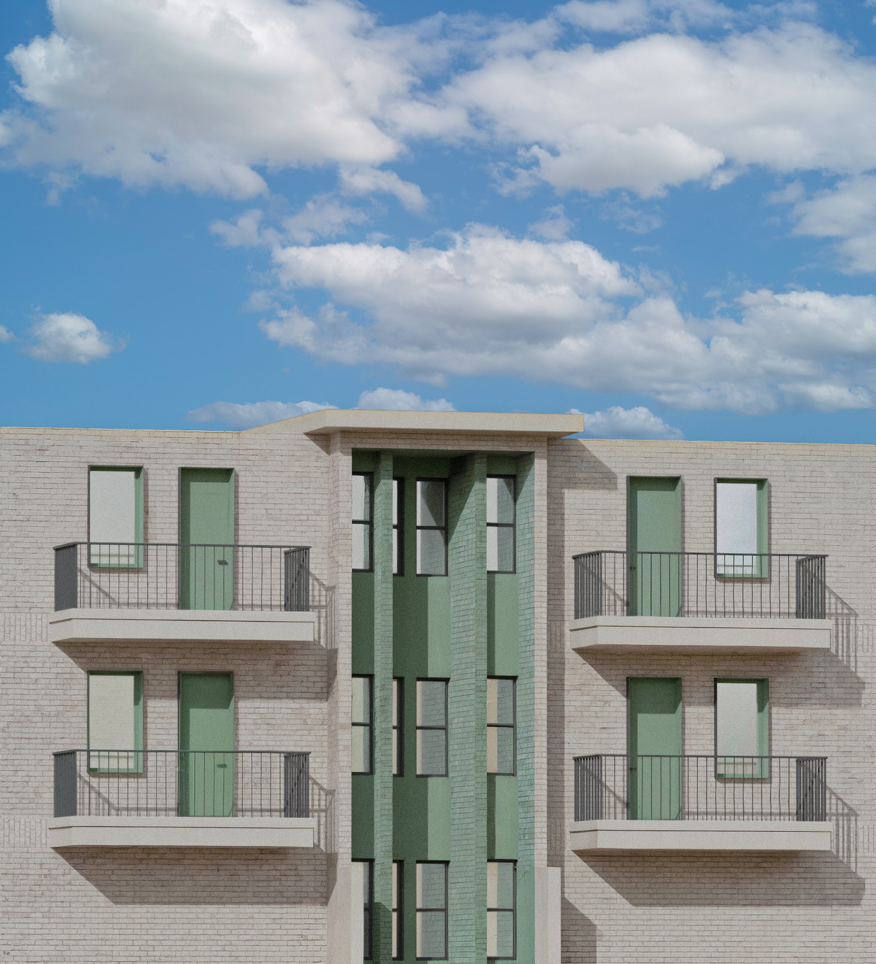 Modern apartment building for student housing in East Lansing, Michigan. Multi-family.