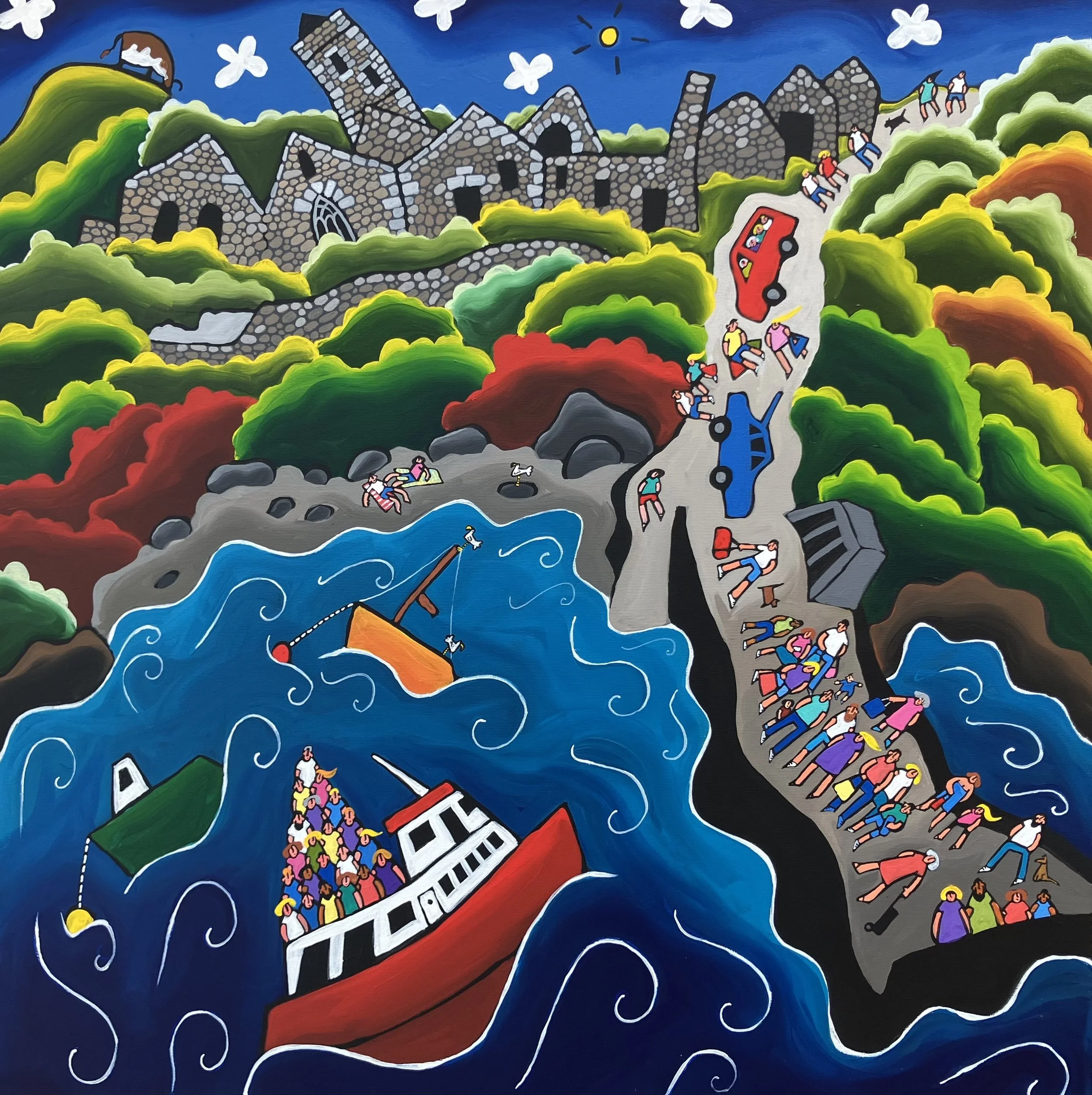 SHERKIN PIER AND FERRY. 80cm x 80cm. Sherkin Island is a short hop from Baltimore in West Cork, and the ferry goes back and forth almost non-stop in high season. Landing on the island on a sunny day is a magical experience, and I hope I captured that