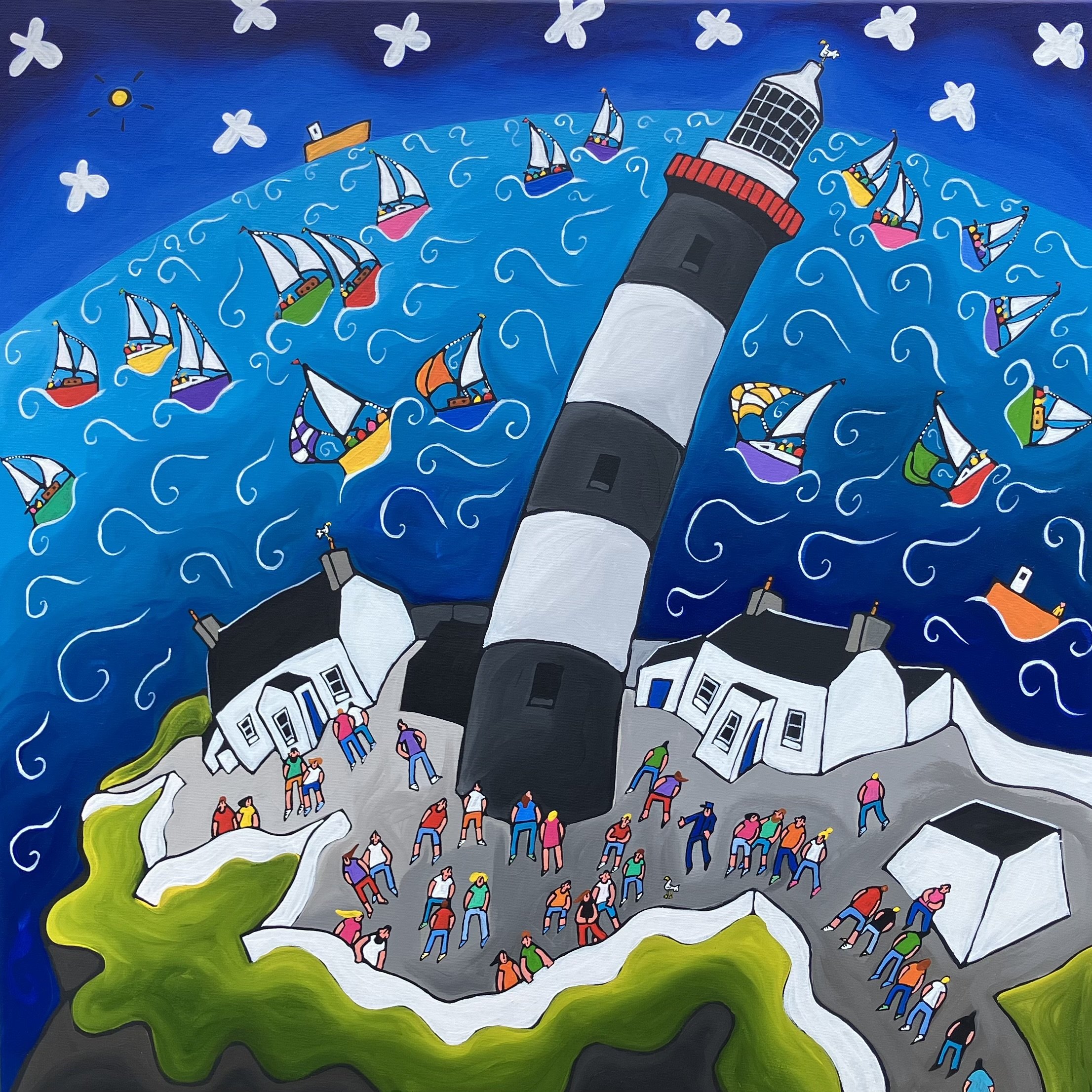 Old Head Open Day - 80cm x 80cm. The Old Head of Kinsale lighthouse opens to the public one day every summer. The lightkeepers cottages were once inhabited, but nowadays lighthouses are automated and devoid of humans. So, this painting was an opportu
