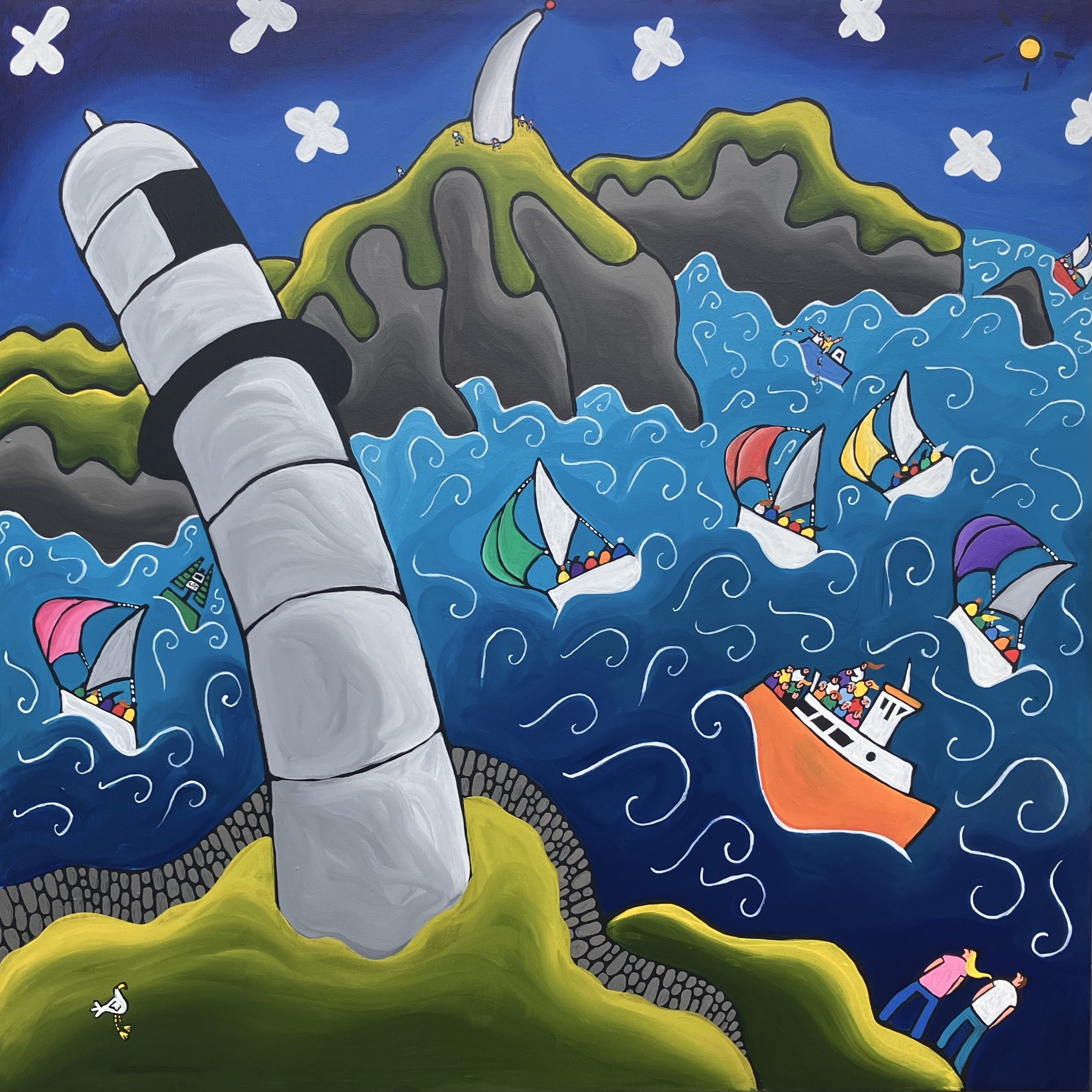 BARRACK POINT AND THE BEACON. 80cm x 80cm. Barrack Point Lighthouse on Sherkin Island marks the entrance to Baltimore Harbour, along with the Beacon on the mainland side, and the Loo Buoy below guiding boats away from the submerged rocks. SOLD