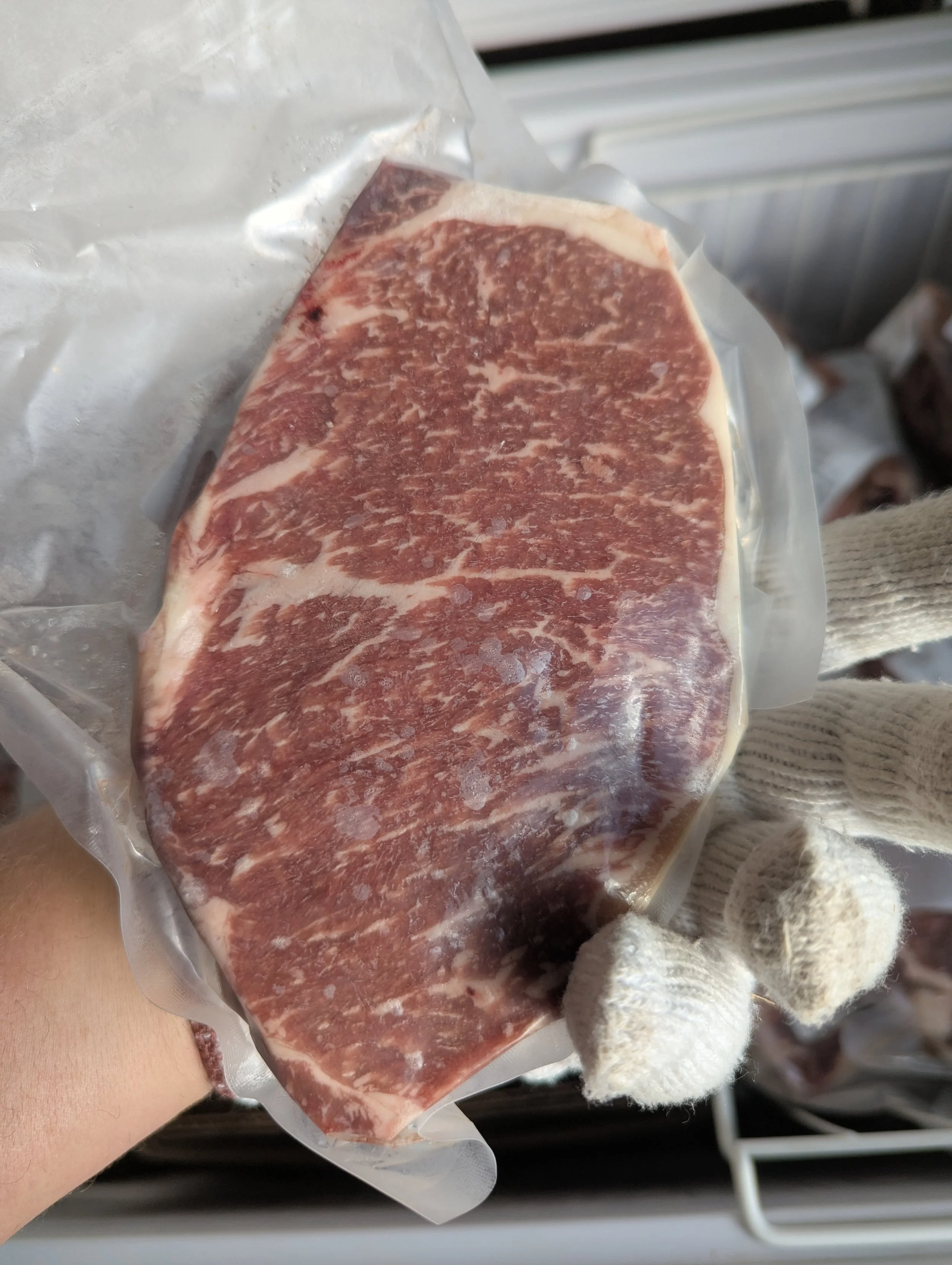 A raw steak on a wooden surface with a cat beside it, near a window.