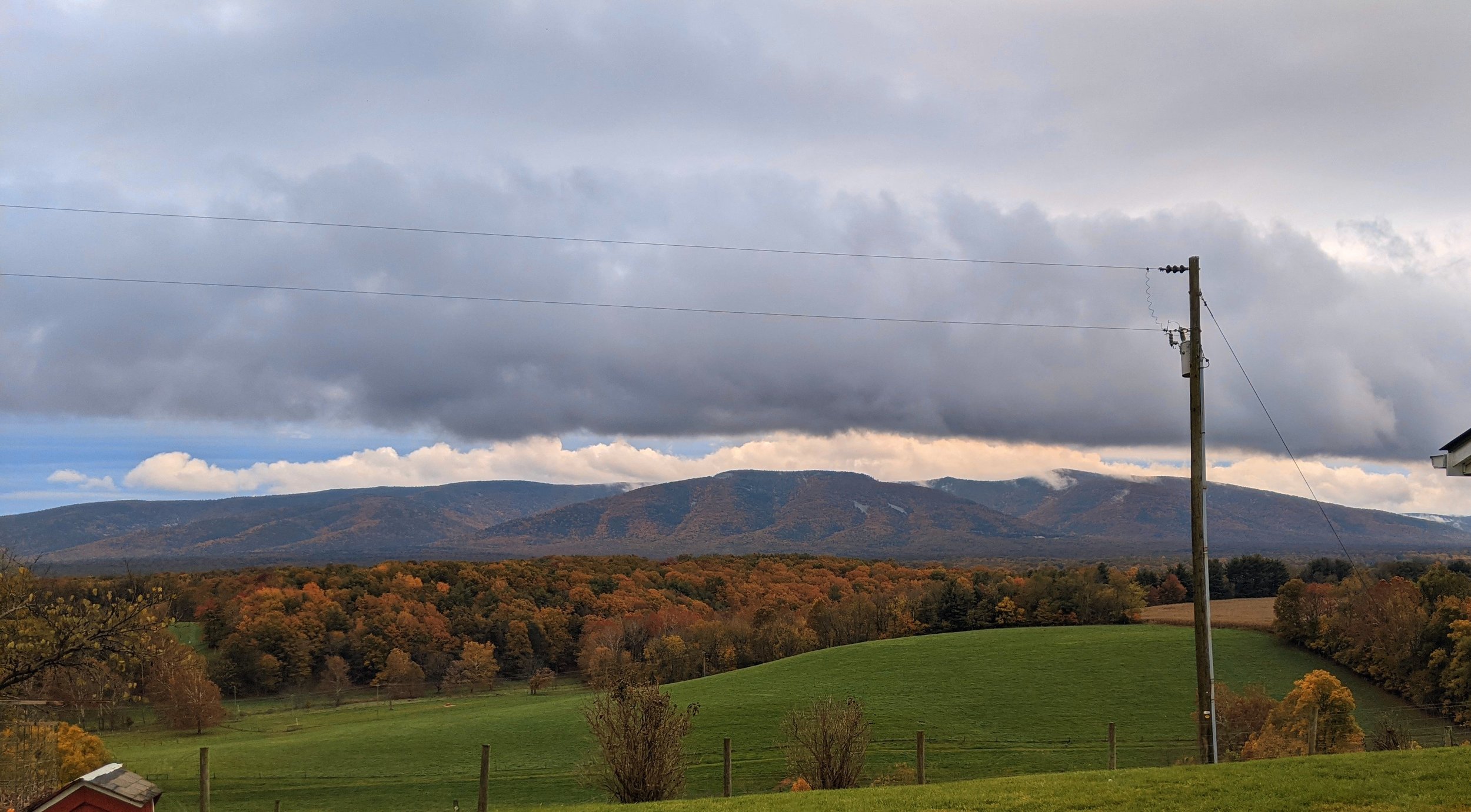 Scenic landscape with rolling hills covered in trees with fall foliage, a green field in the foreground, a utility pole with power lines, and mountains under a cloudy sky.