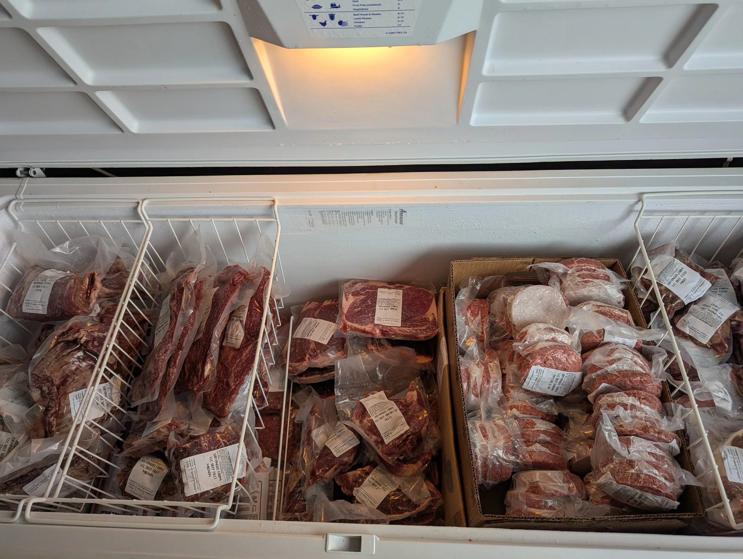 Frozen meat packages inside a chest freezer, with some meats in bags and others in plastic wrap, beneath a vent and a temperature control panel on the freezer lid.