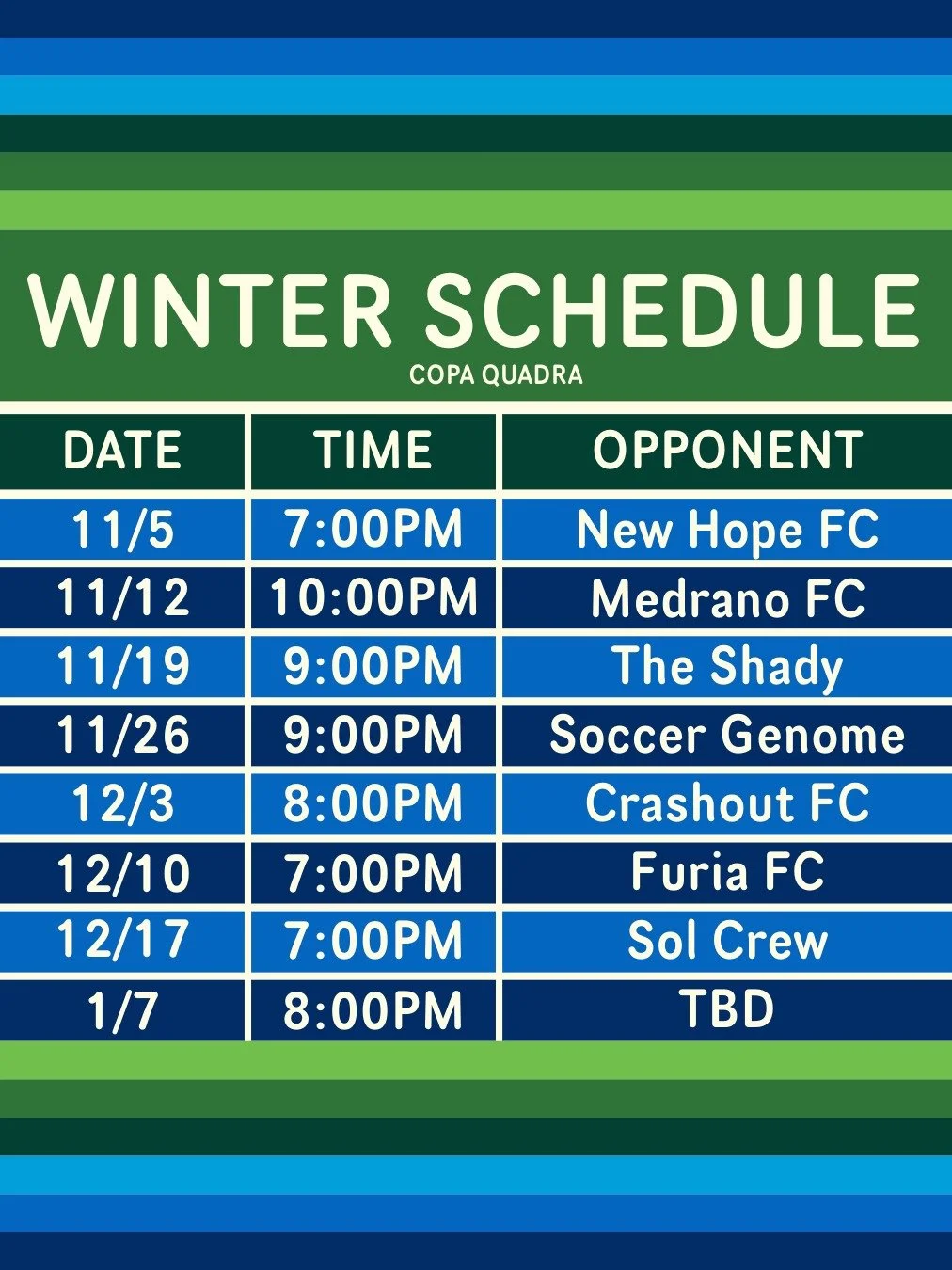 This is the last time we're posting this, we promise - last minute schedule update for this week.

WE PLAY FUTSAL THIS WEEK 😱

Come cheer on the boys as we take on our Winter campaign in Copa Quadra!

#M2SFC