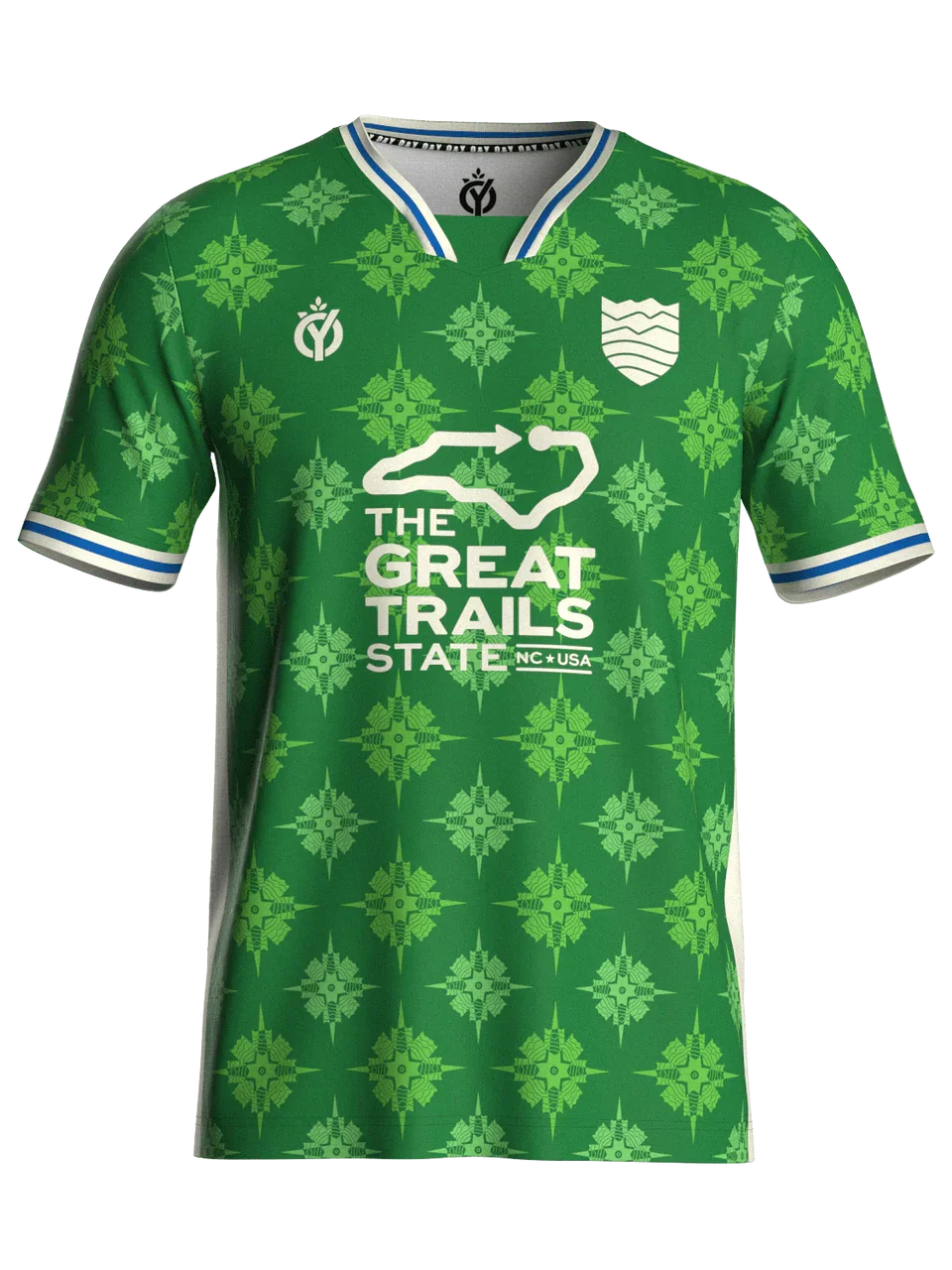 Green sports jersey with a pattern of snowflakes, featuring the logo of The Great Trails State NC, a trail outline, and additional insignias on the chest.