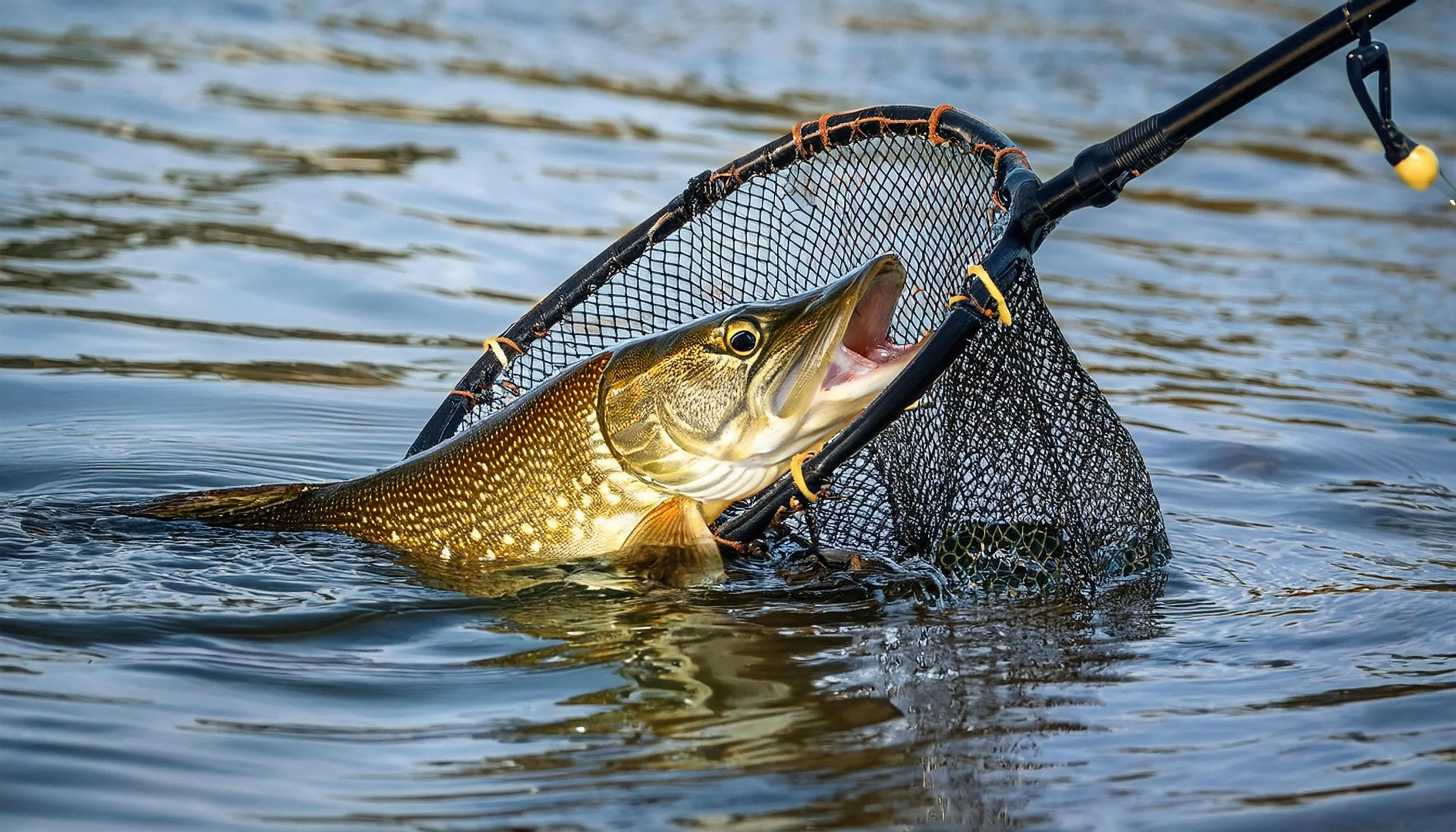 A fish caught in a fishing net in a body of water, with part of a fishing rod visible.