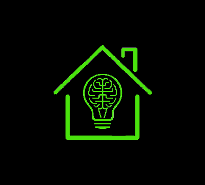 Symbol eines Hauses mit einer Glühbirne und einem Gehirn darin, in grüner Linie auf schwarzem Hintergrund.