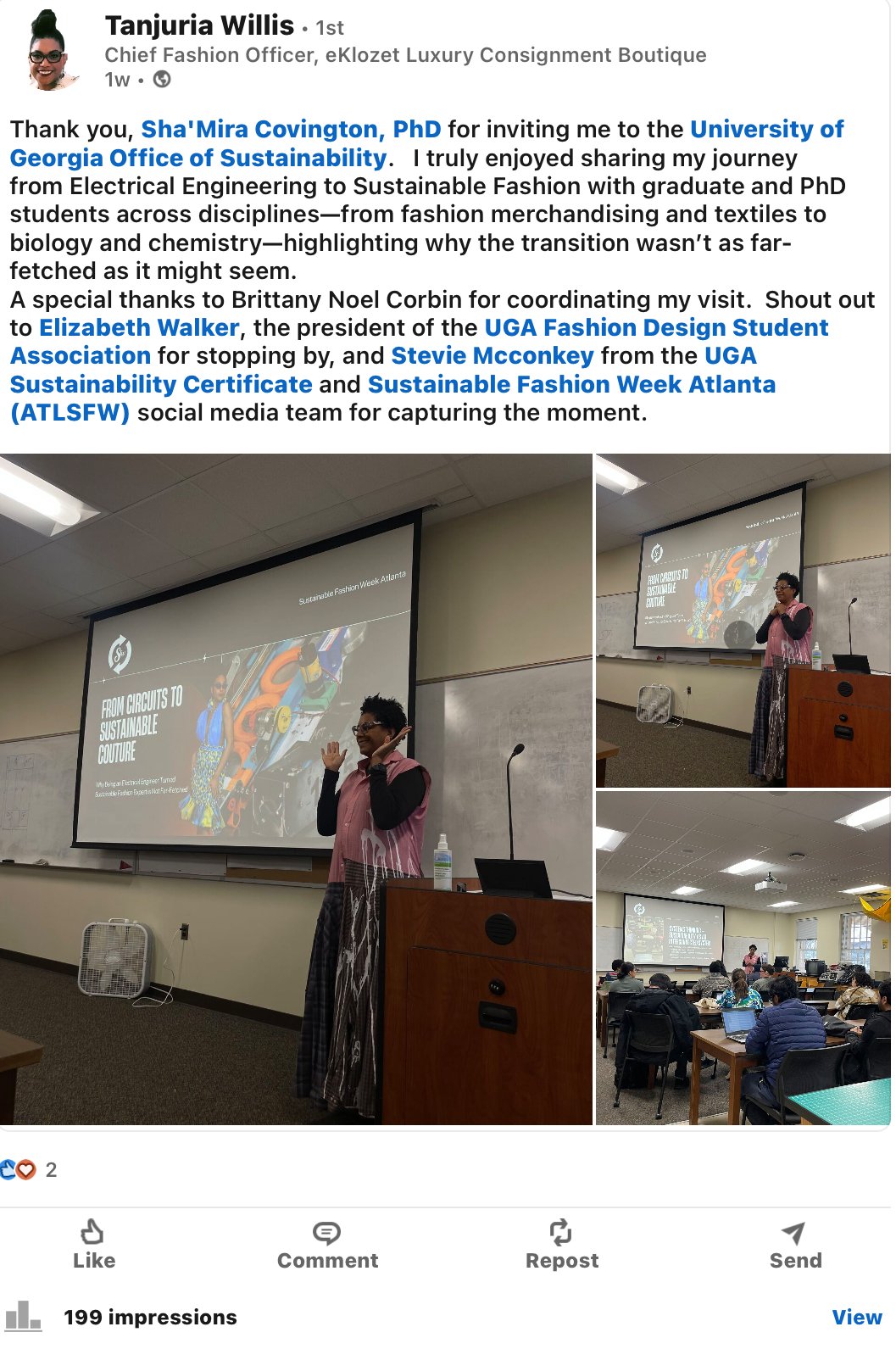 LinkedIn post for Tanjuria’s educational presentation at UGA