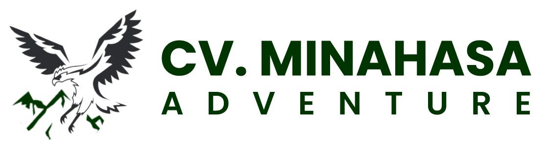 Logo for CV. Minahasa Adventure featuring an eagle with outstretched wings and mountains in the background.