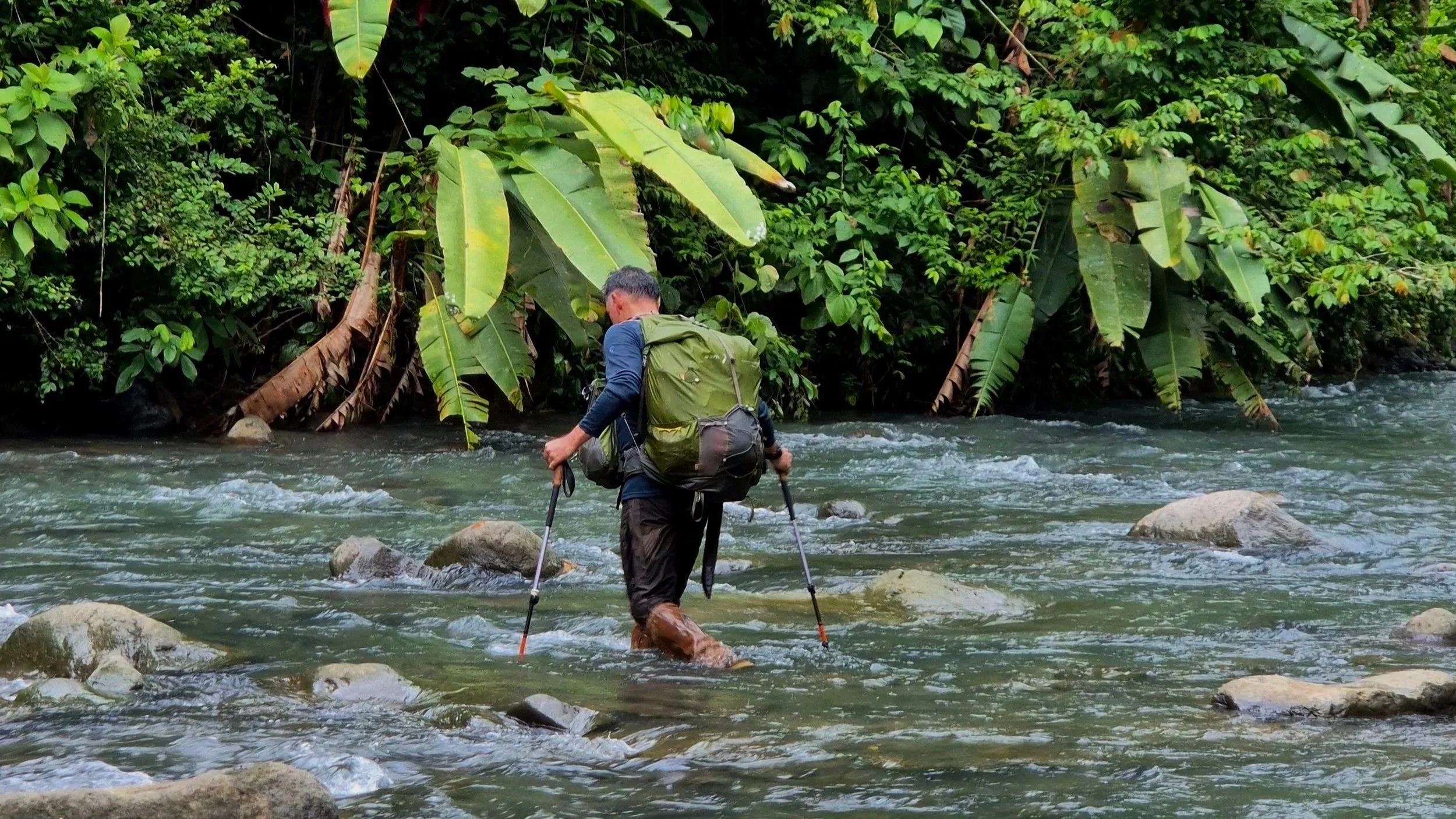 A person wading through a river with a parachute and a large backpack, surrounded by lush green tropical foliage.