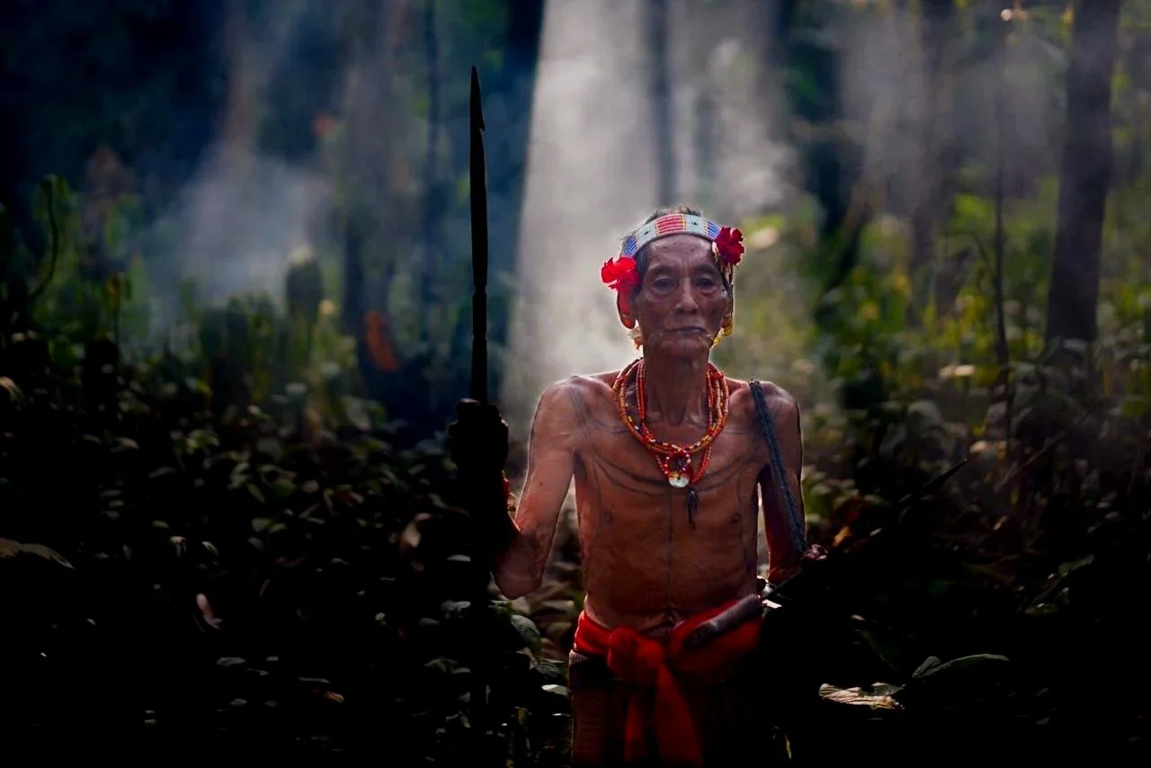 An elderly indigenous man with traditional jewelry and face paint, standing in a dense forest, holding a spear.